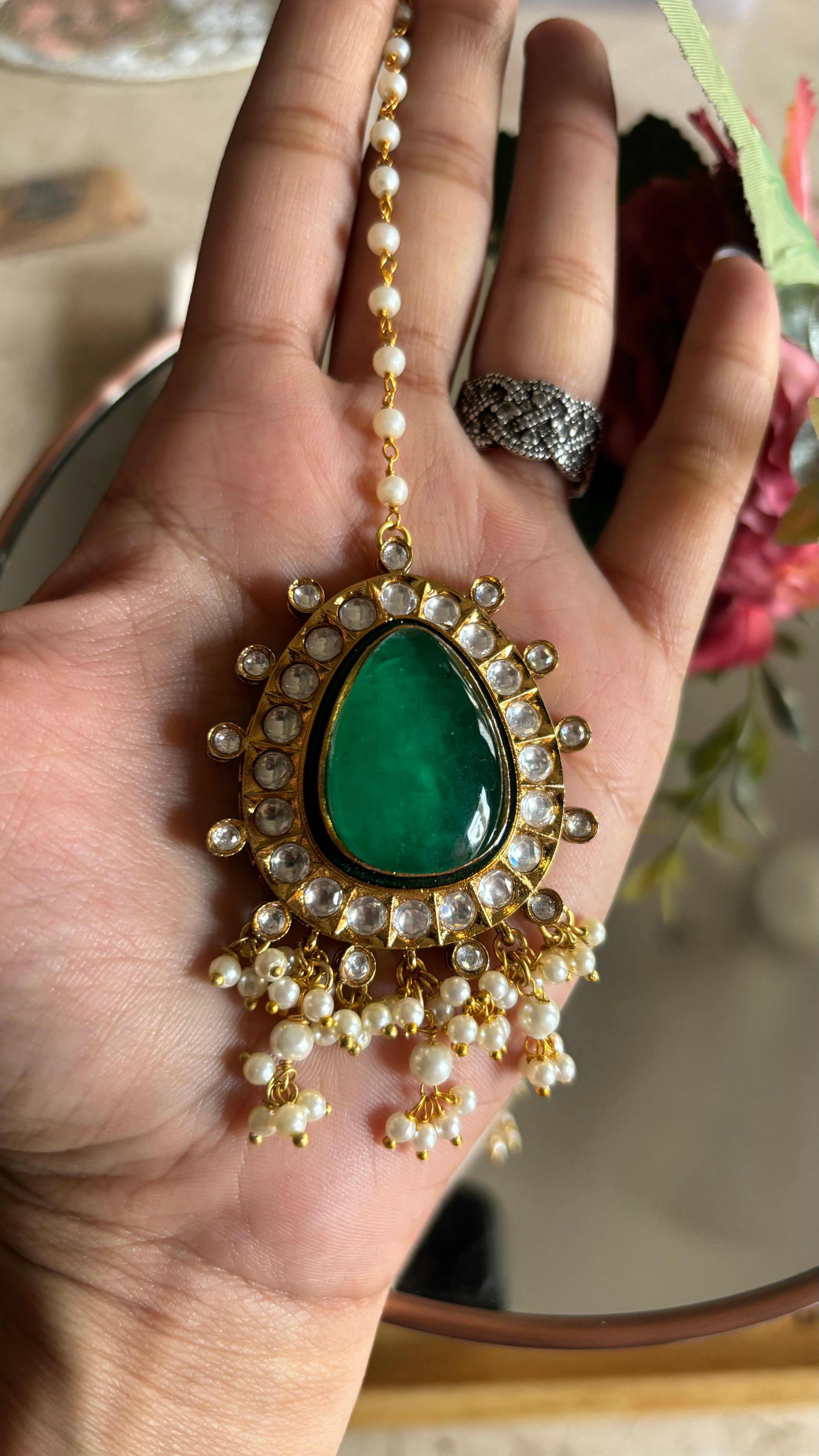 Emerald earrings and maangtika set