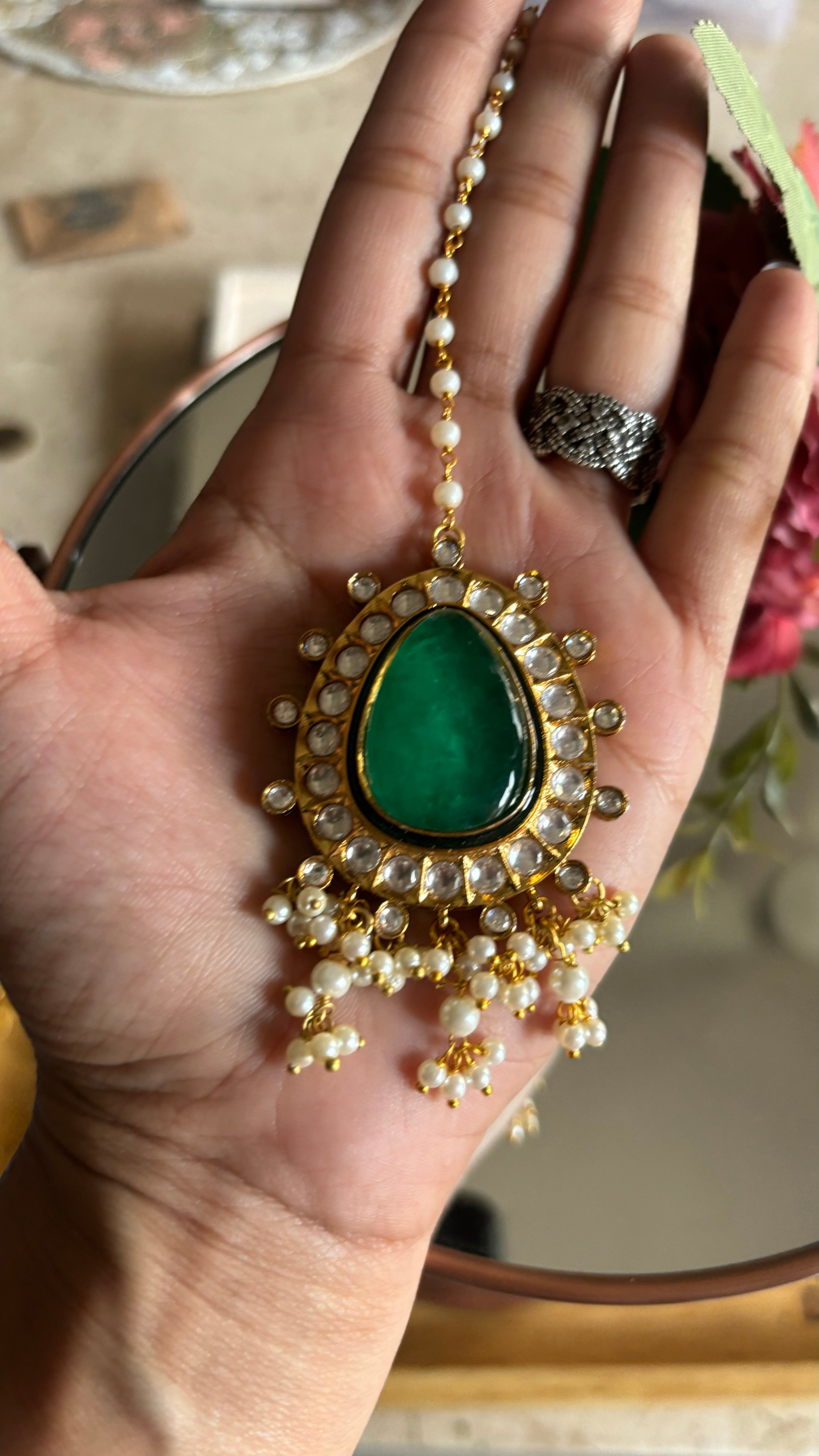 Emerald earrings and maangtika set