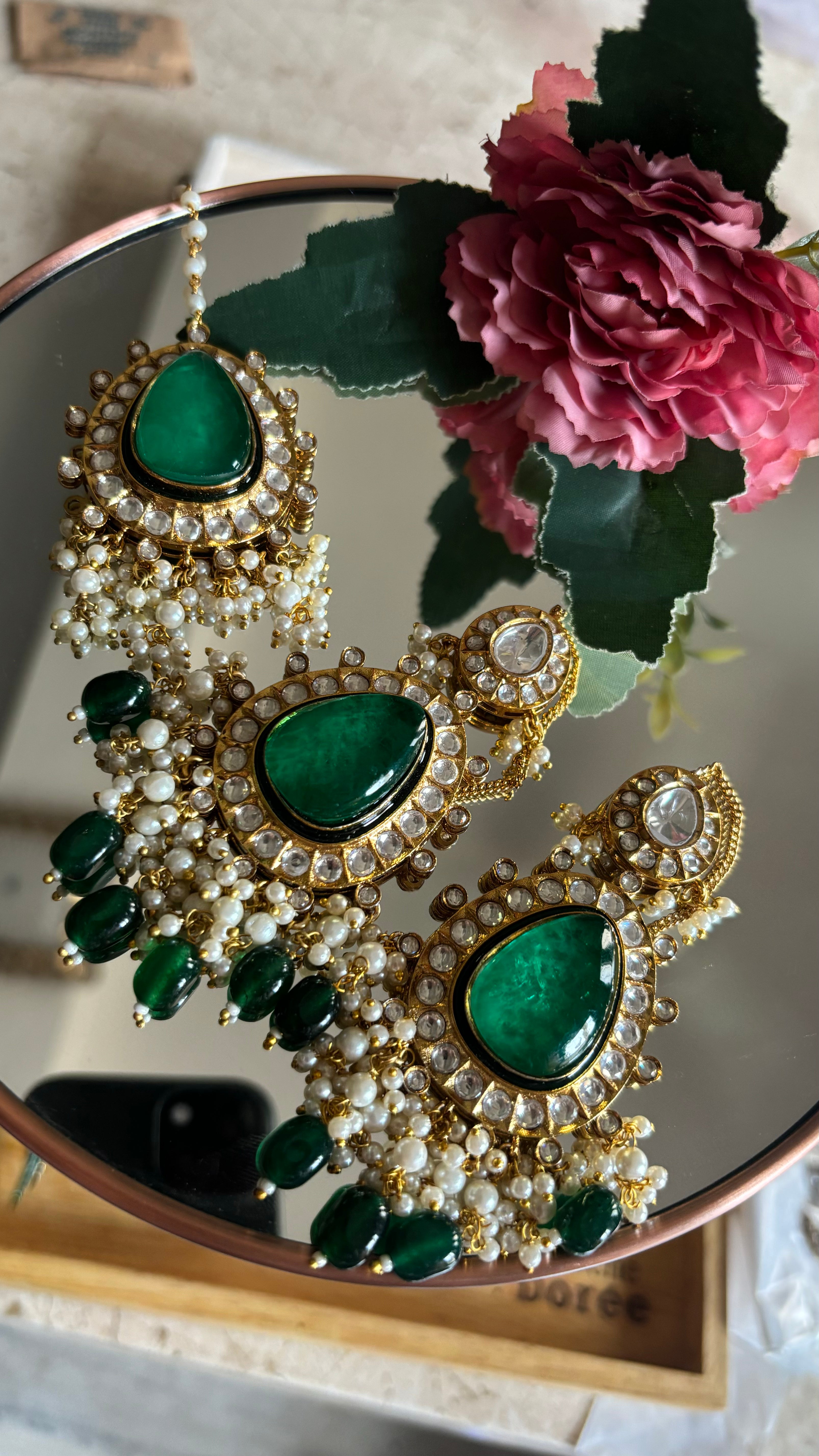 Emerald earrings and maangtika set