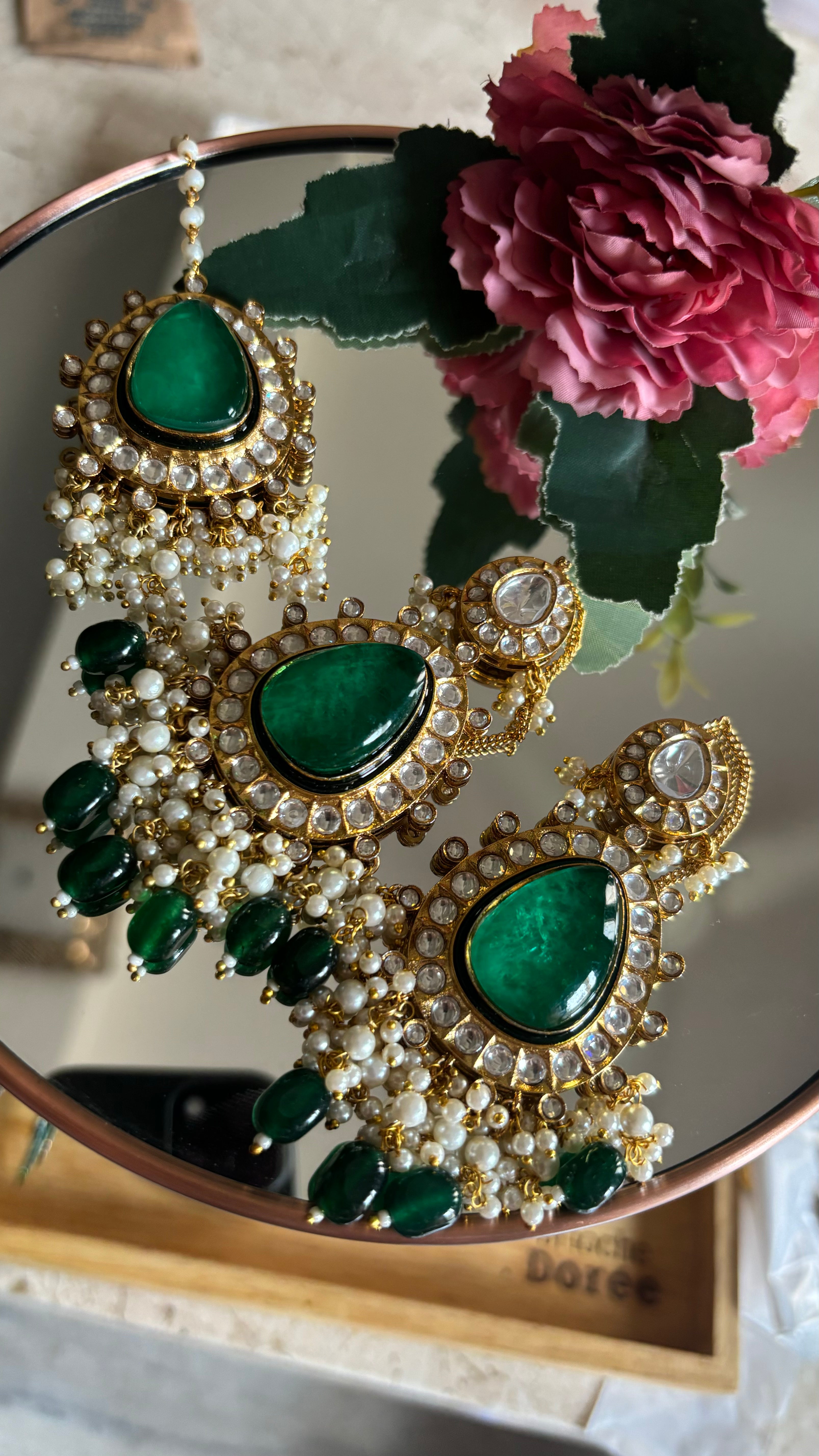 Emerald earrings and maangtika set