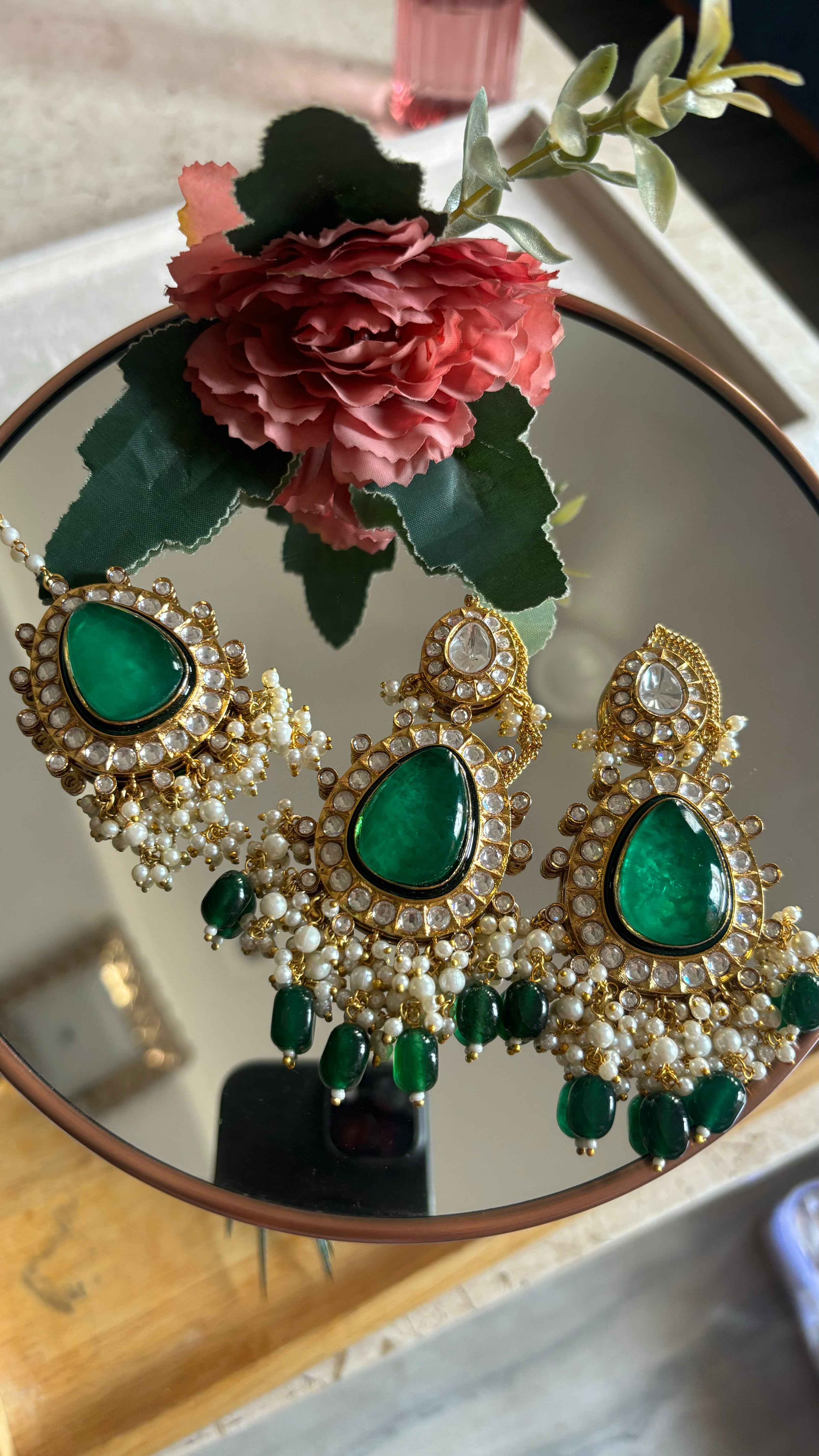 Emerald earrings and maangtika set