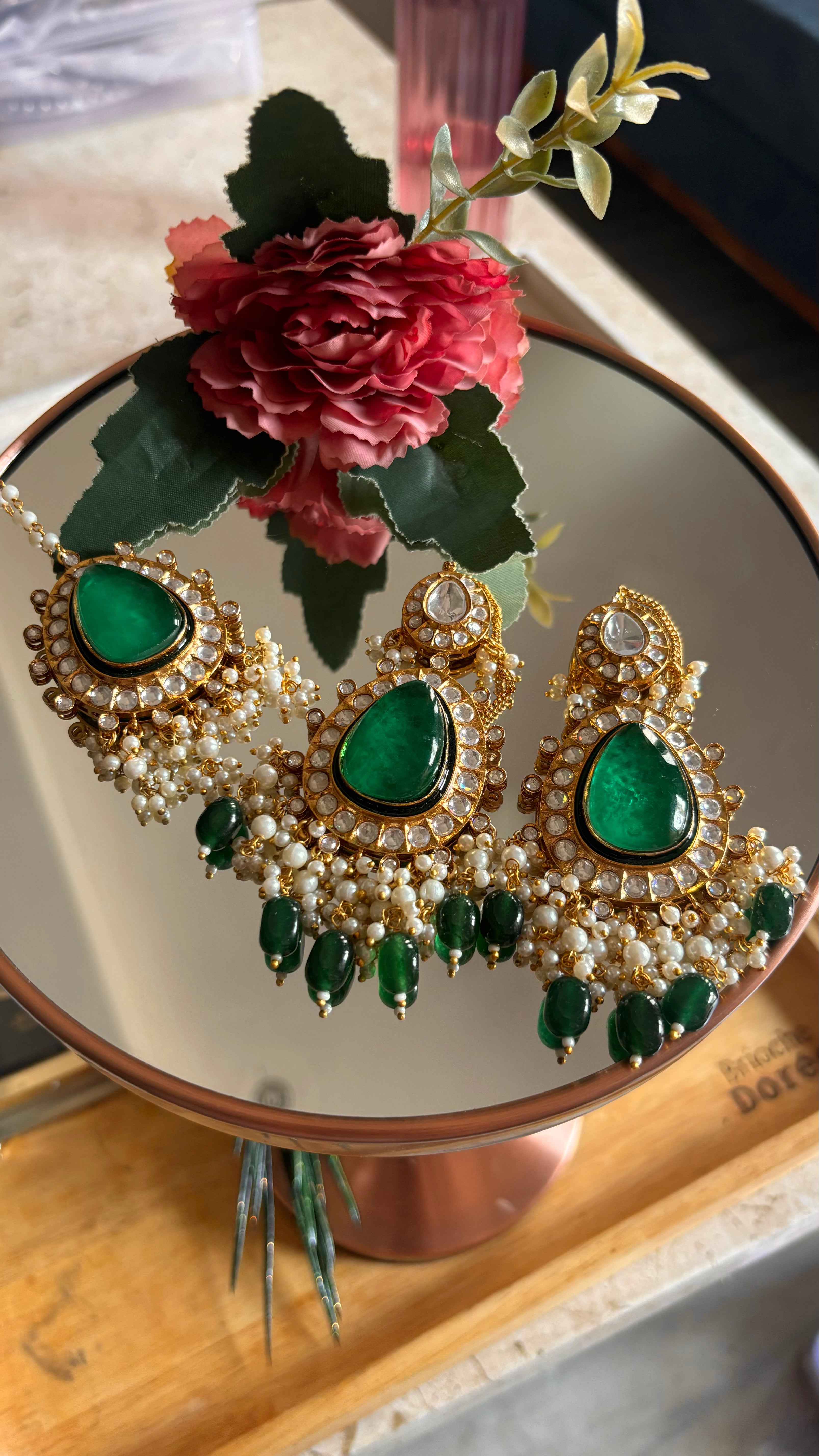 Emerald earrings and maangtika set