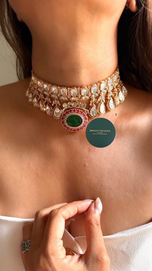 Emerald doublet & rani pink moissanite polki choker