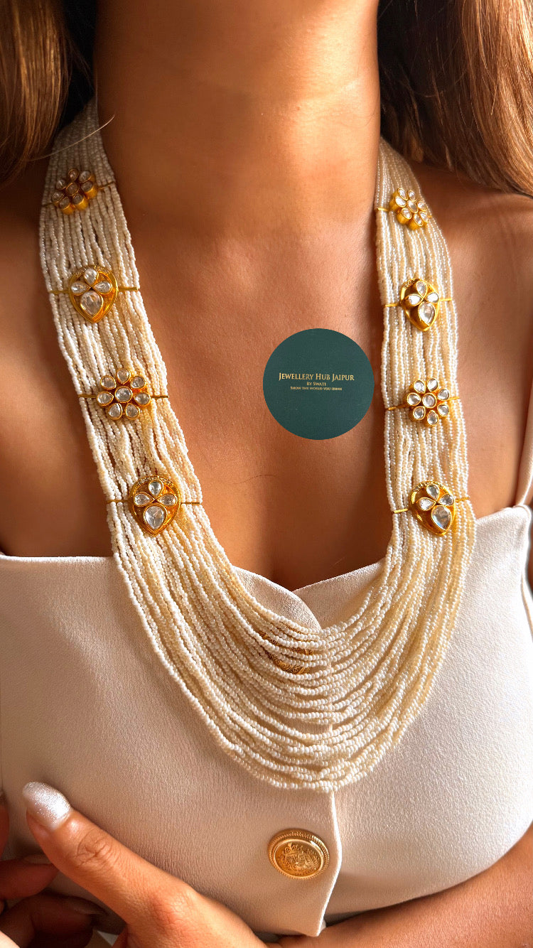Real Moissanite White pearls multi layer with moissanite floral design long set