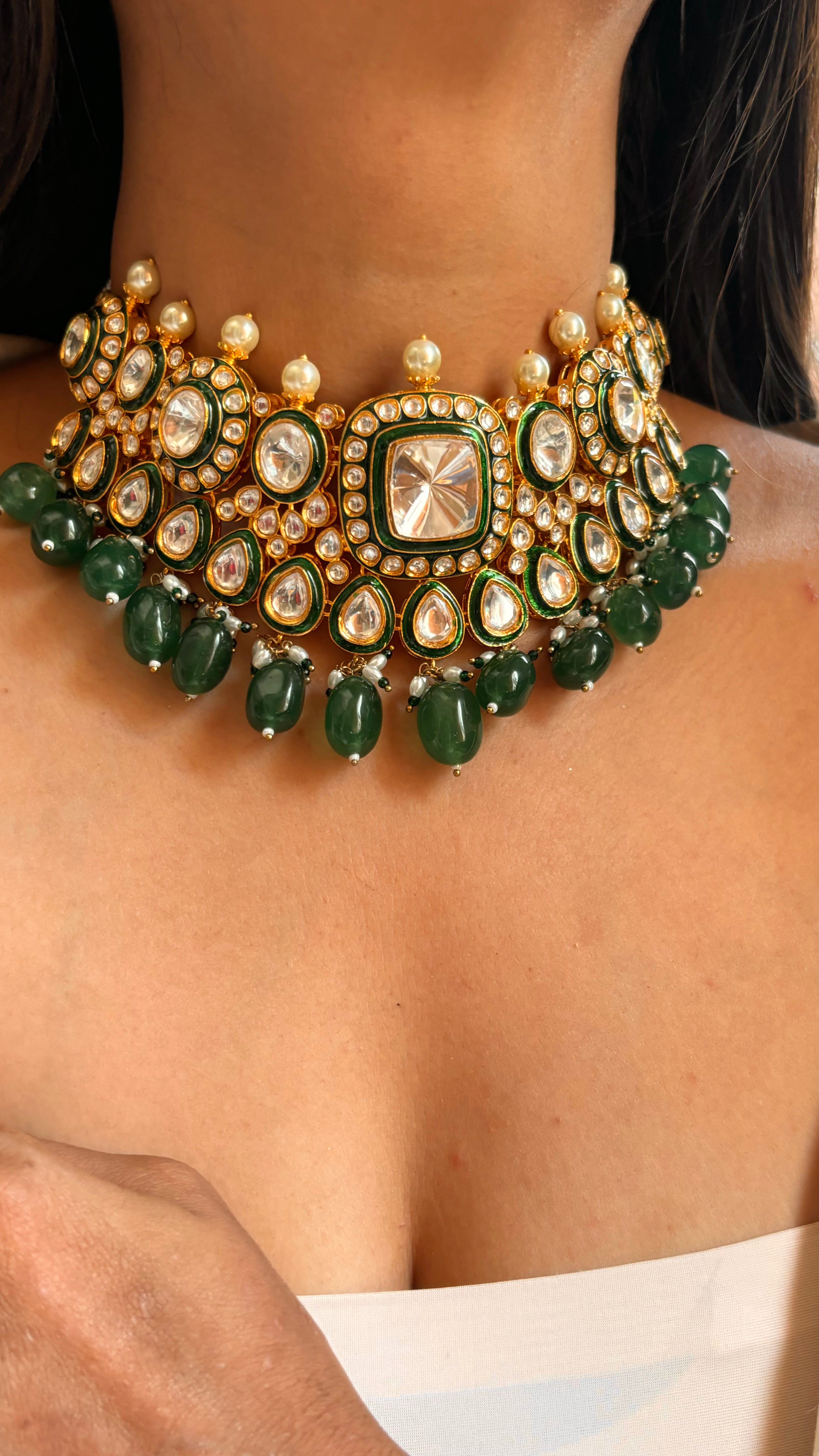 Emerald uncut polki meenakari choker