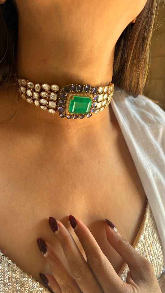 Tanzanite emerald doublet choker with earrings