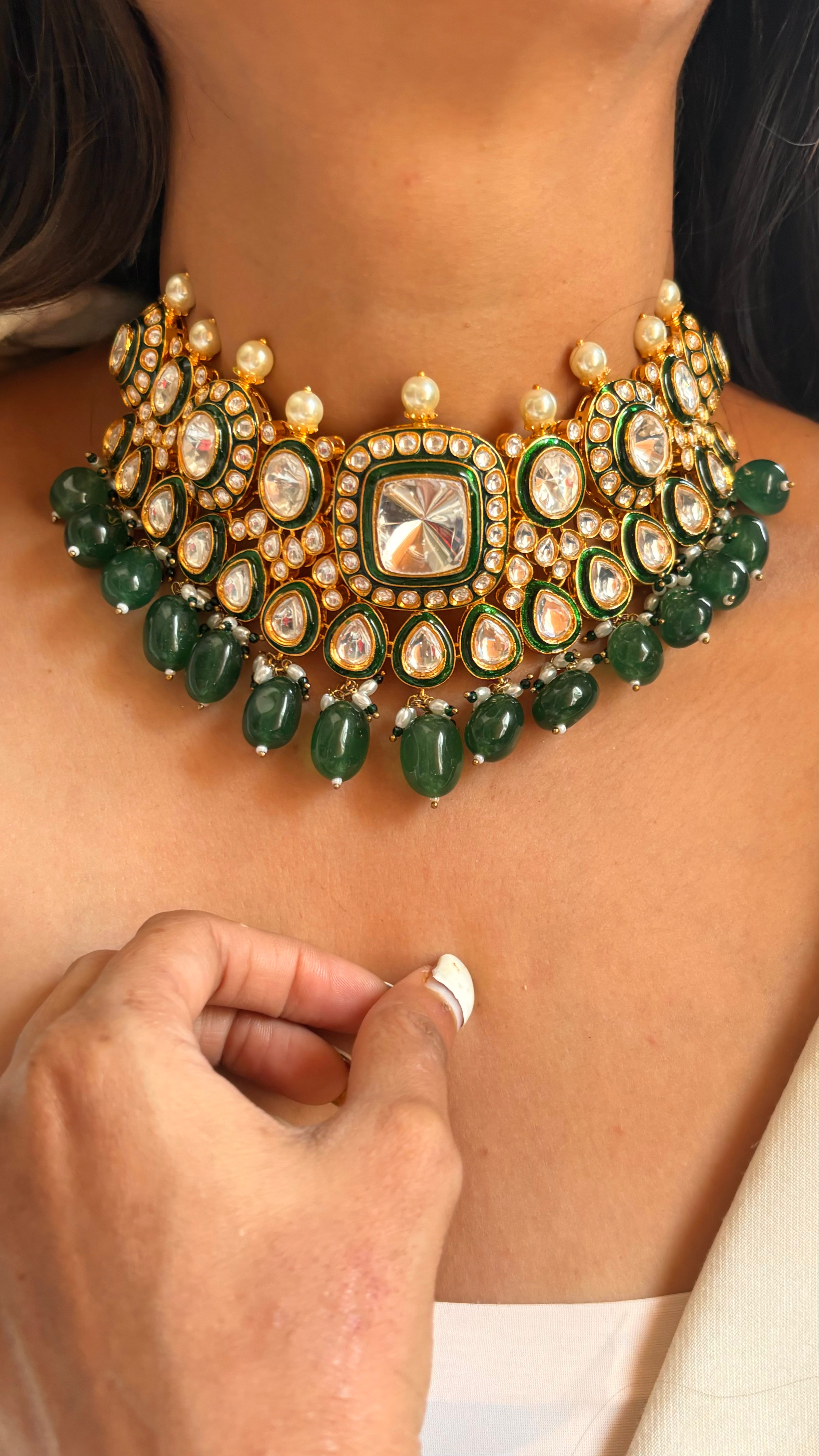 Emerald uncut polki meenakari choker