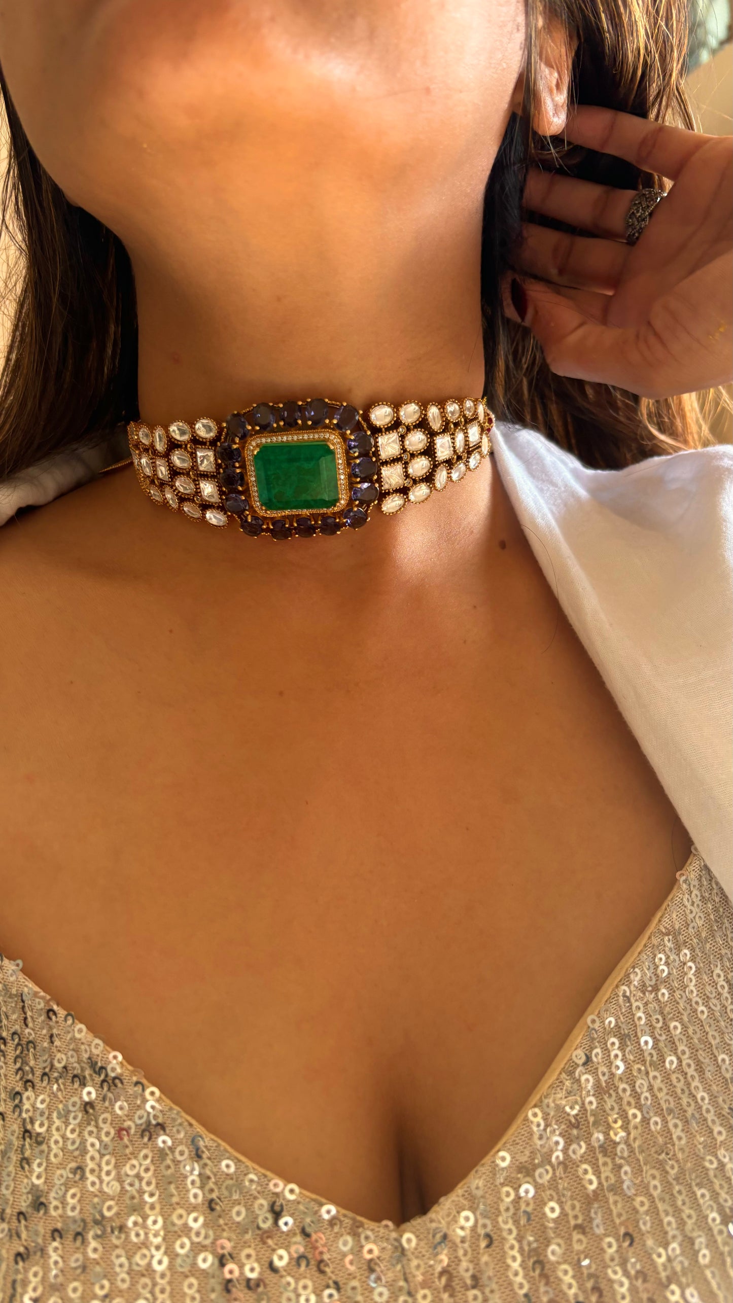Tanzanite emerald doublet choker with earrings