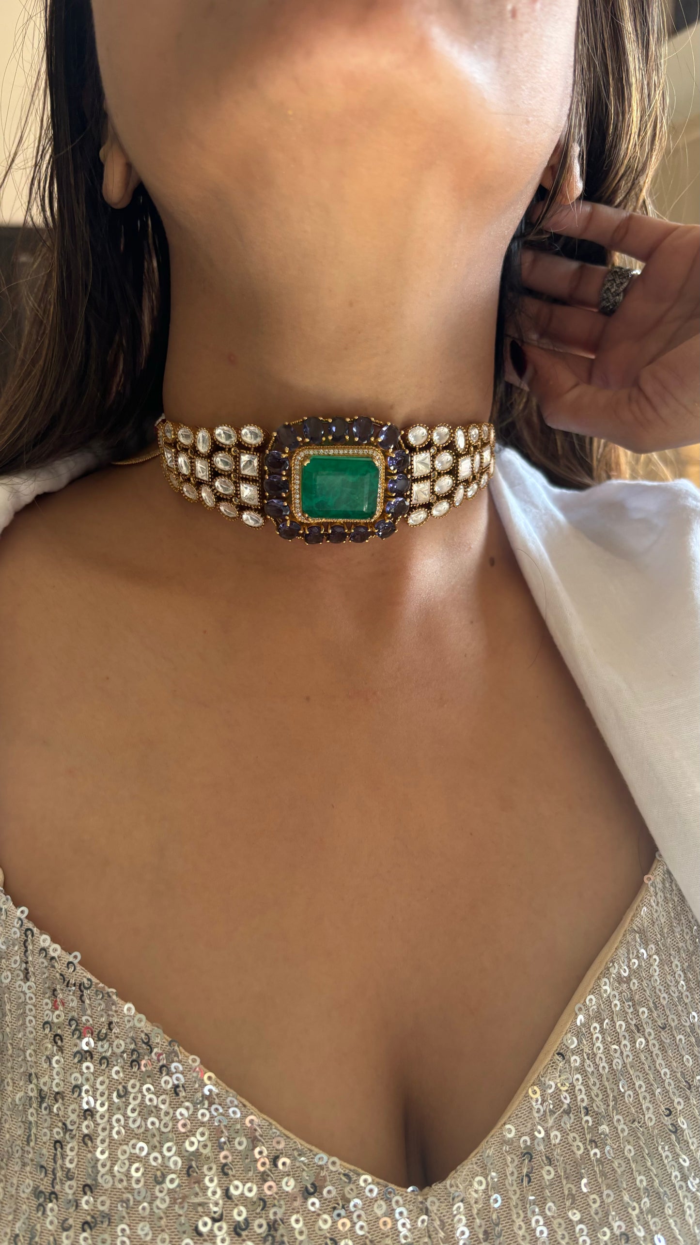 Tanzanite emerald doublet choker with earrings