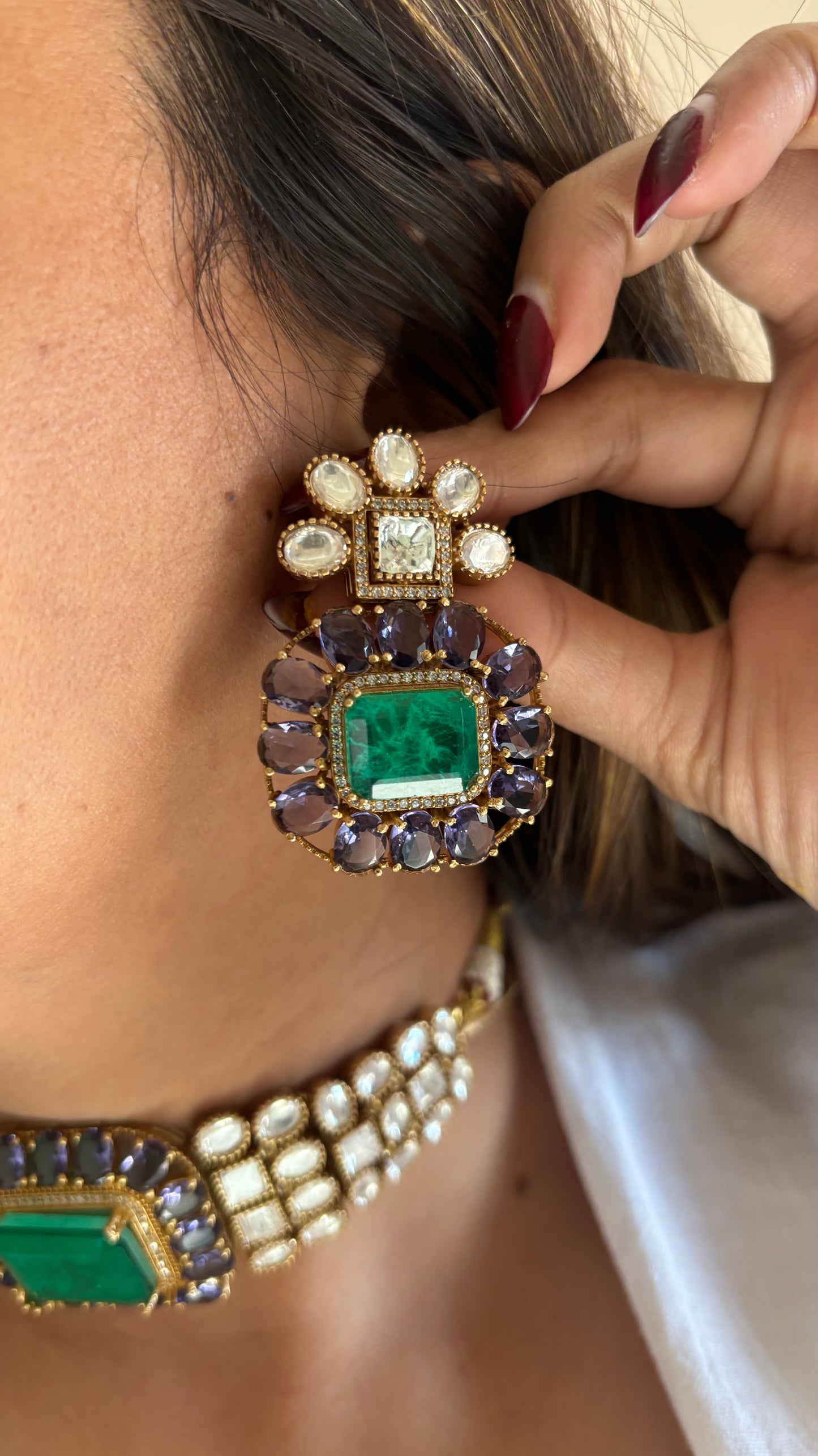 Tanzanite emerald doublet choker with earrings