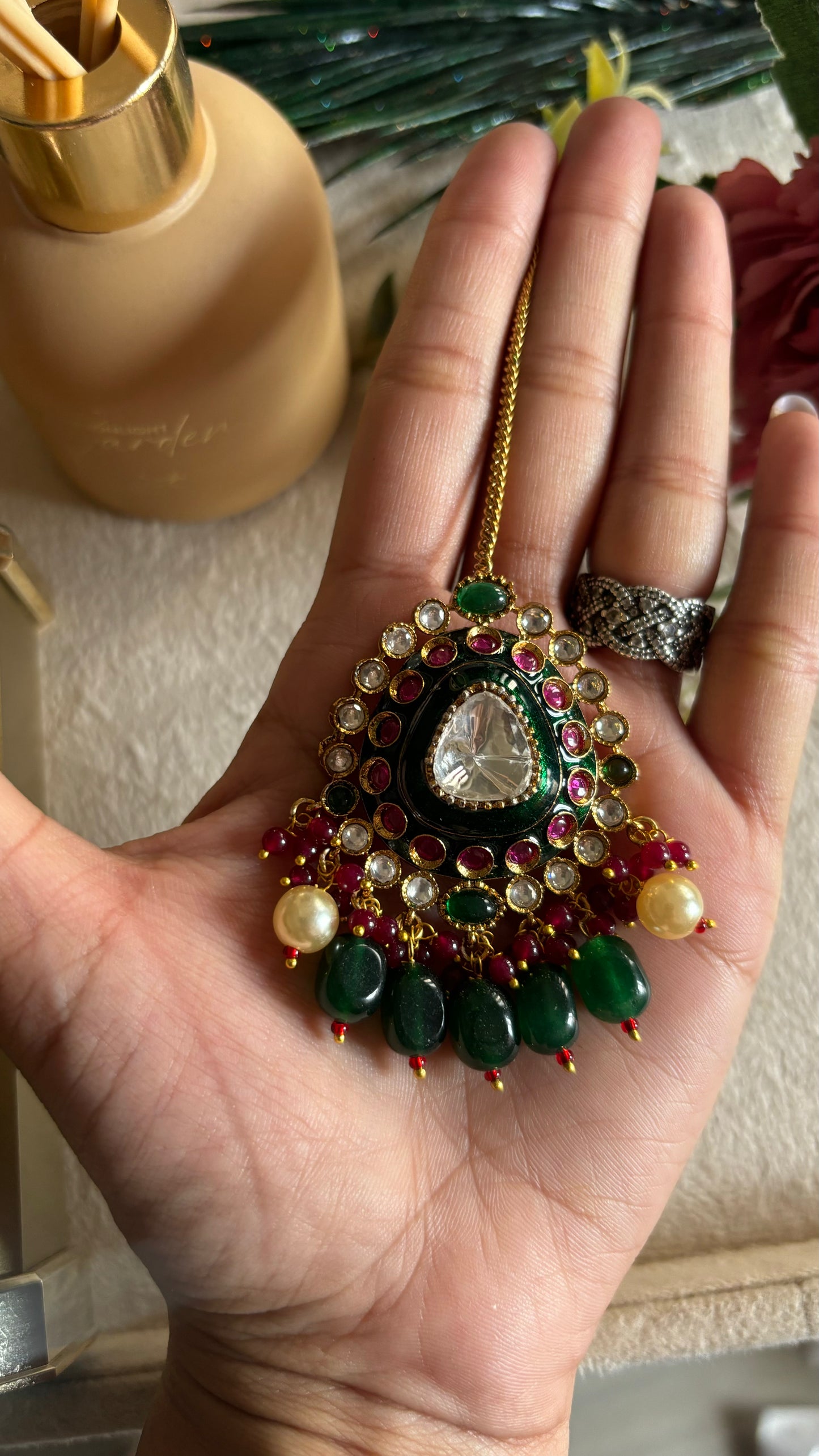 Emerald & ruby meenakari maangtika