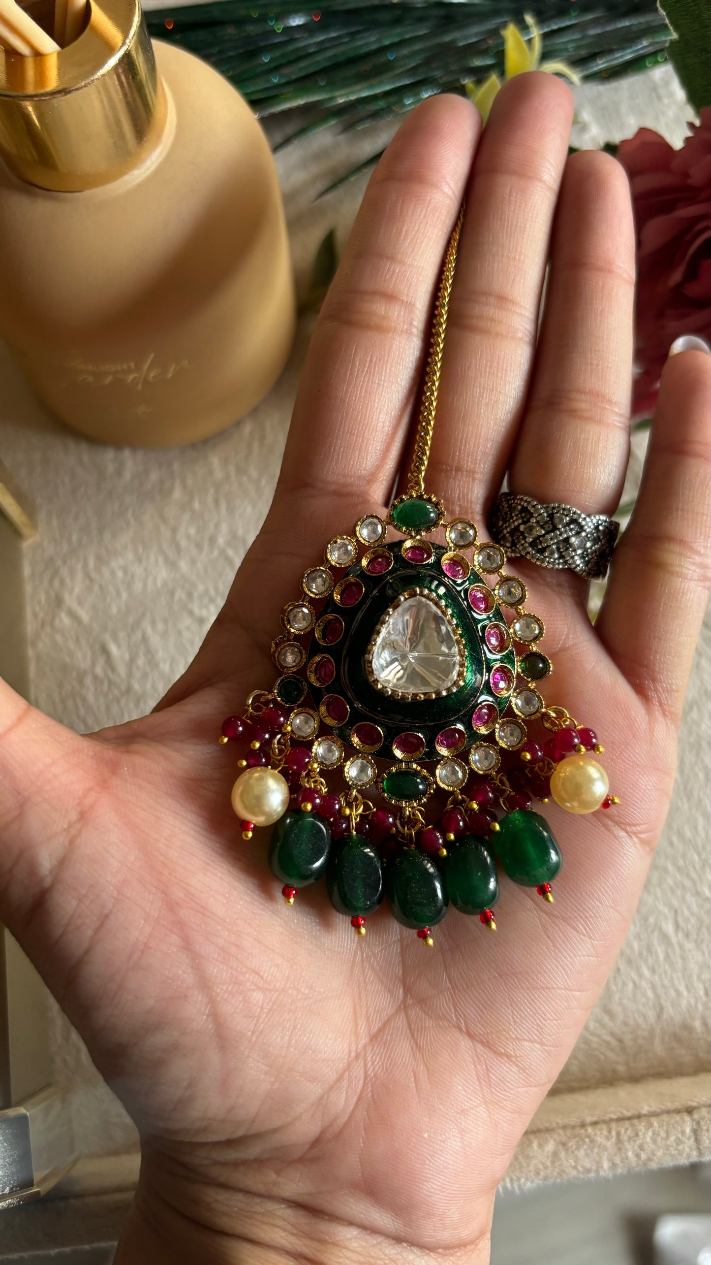 Emerald & ruby meenakari maangtika