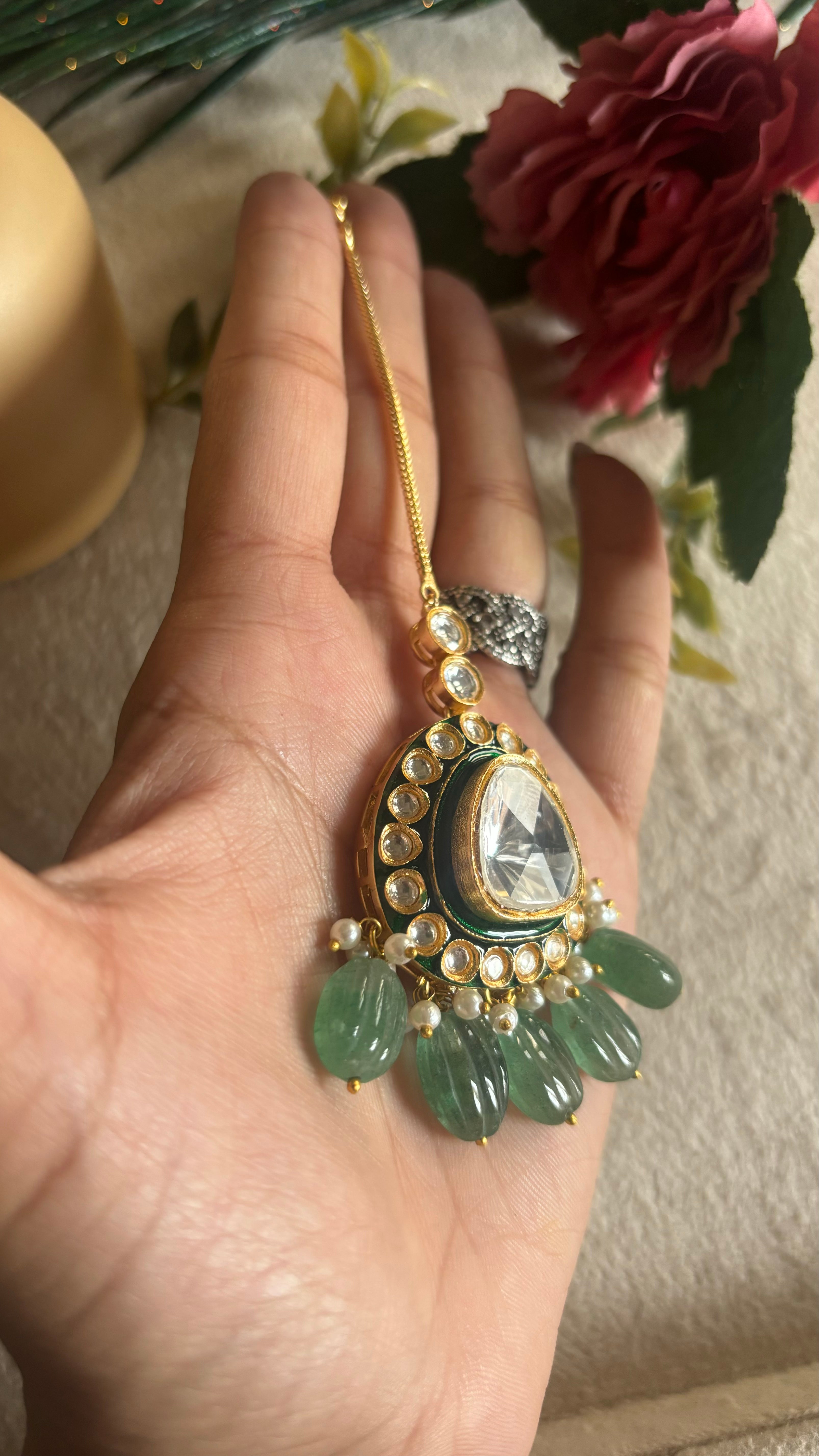 Mint drop emerald meenakari maangtika