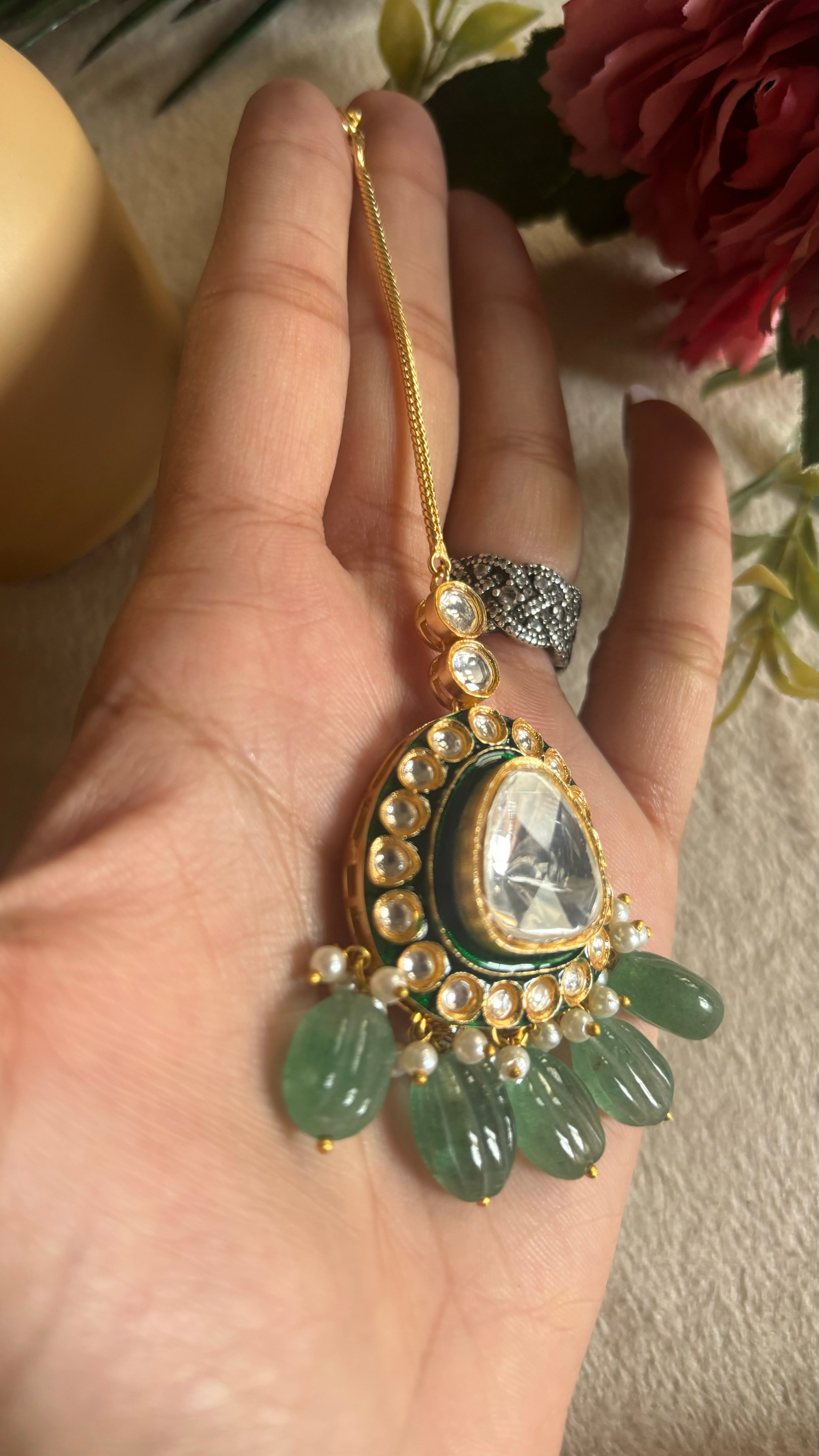 Mint drop emerald meenakari maangtika