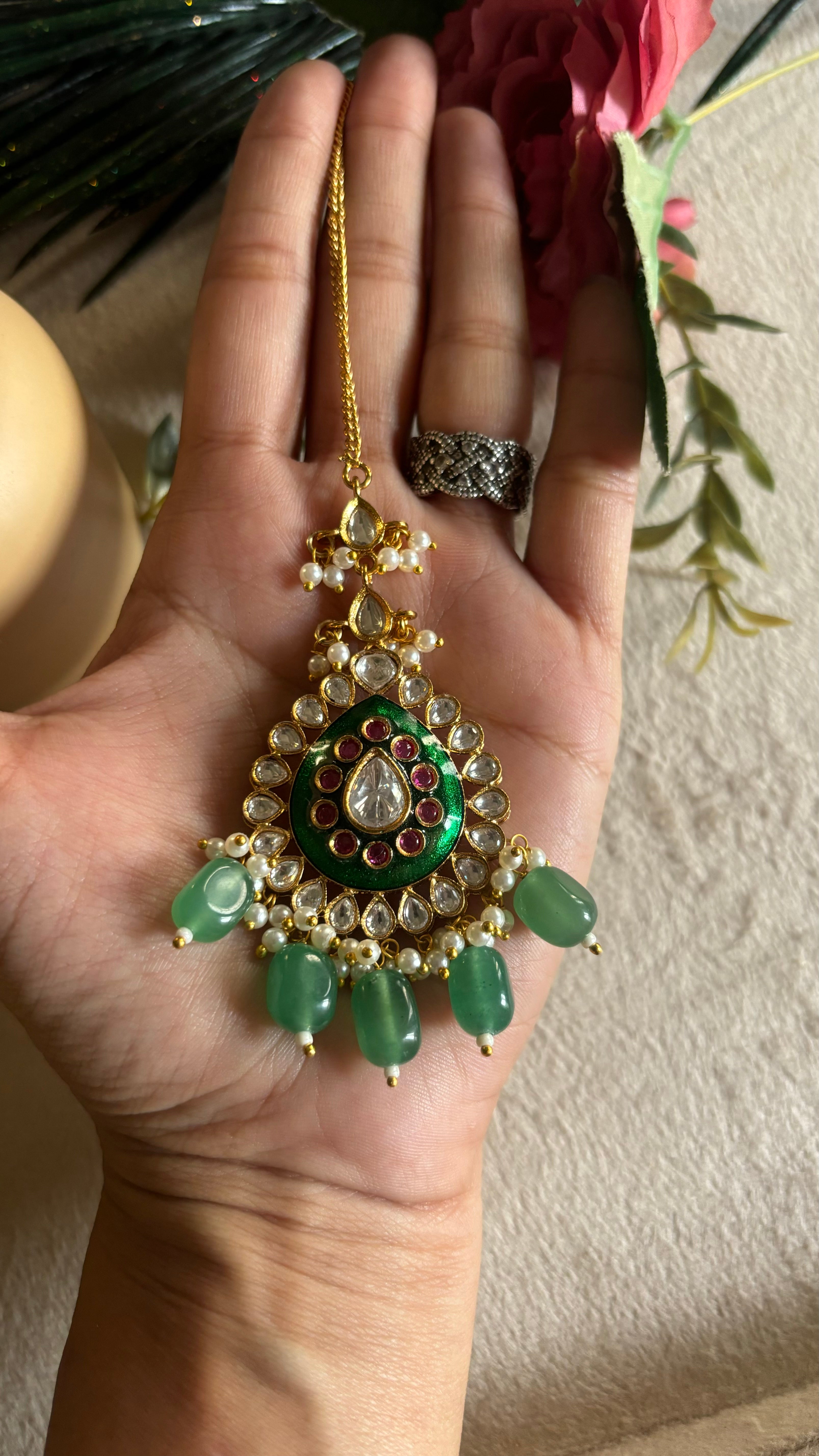 Emerald meenakari mint drop maangtika