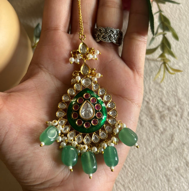 Emerald meenakari mint drop maangtika