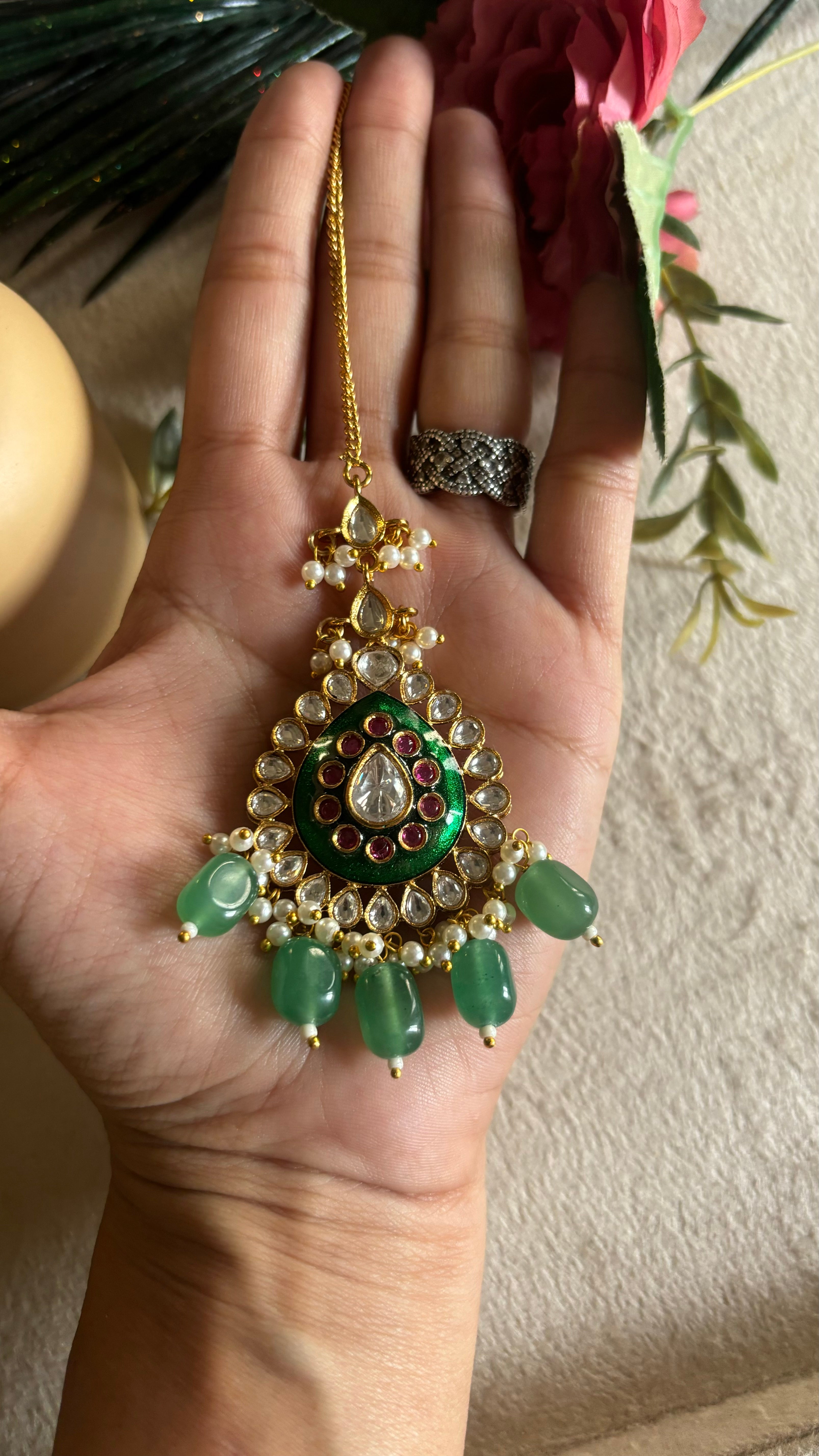 Emerald meenakari mint drop maangtika