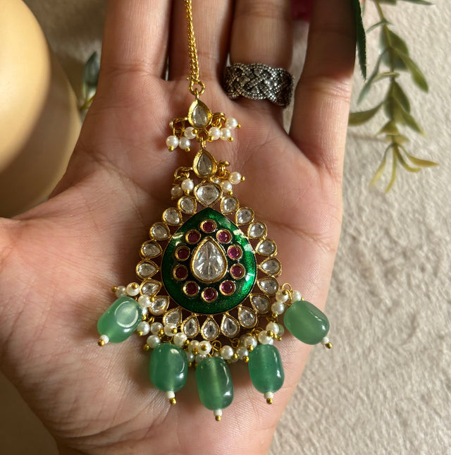 Emerald meenakari mint drop maangtika