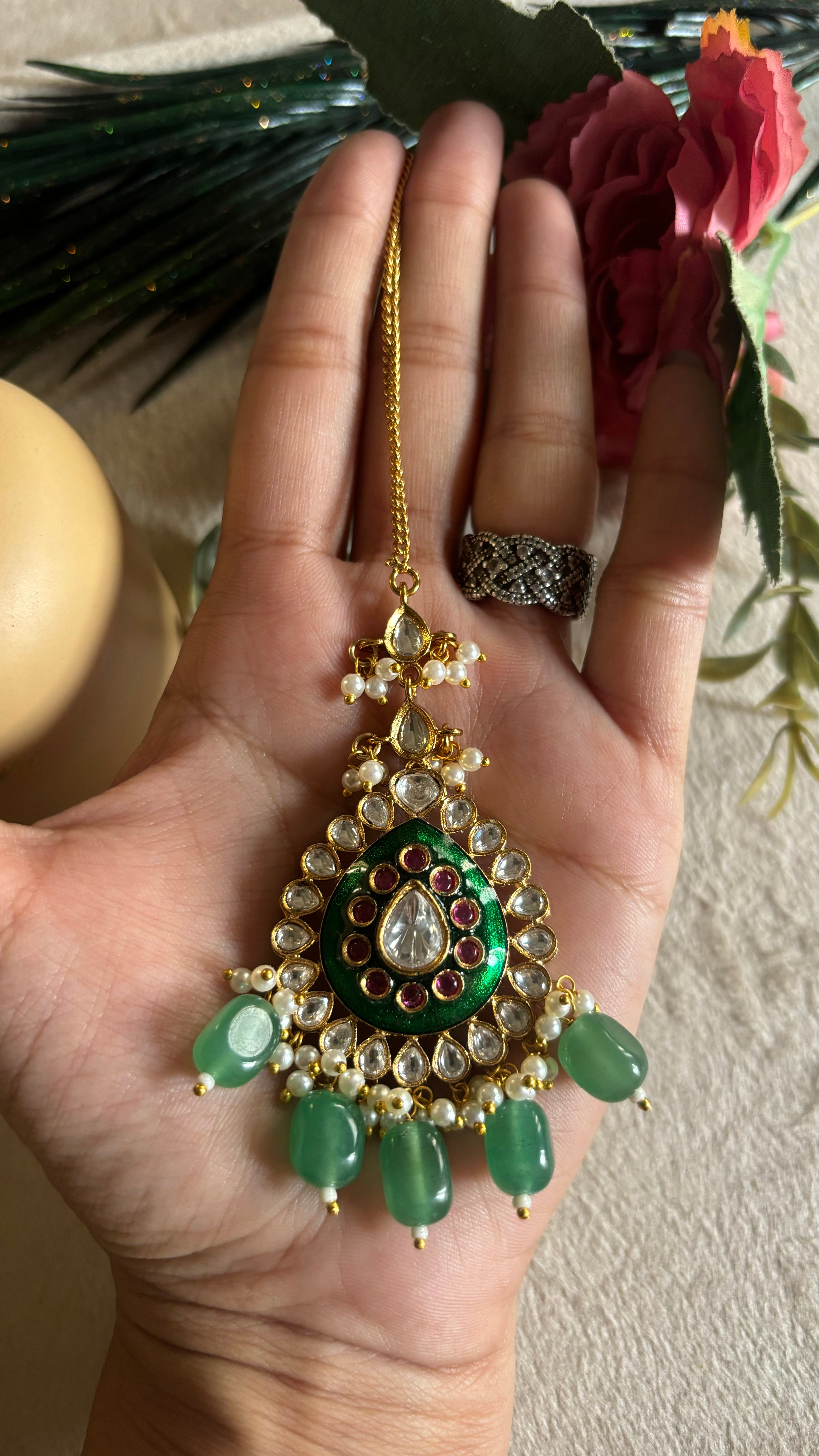 Emerald meenakari mint drop maangtika