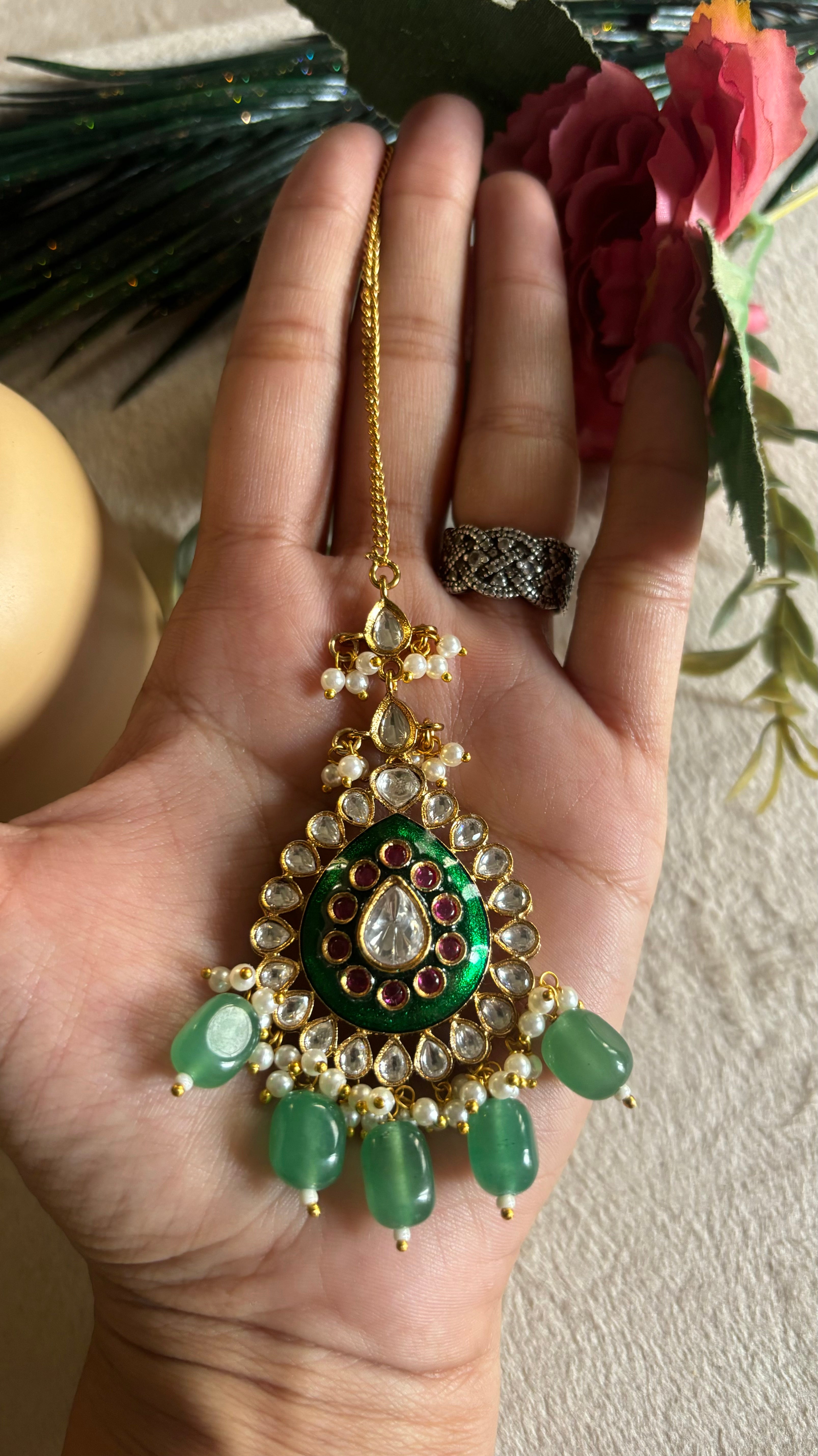 Emerald meenakari mint drop maangtika