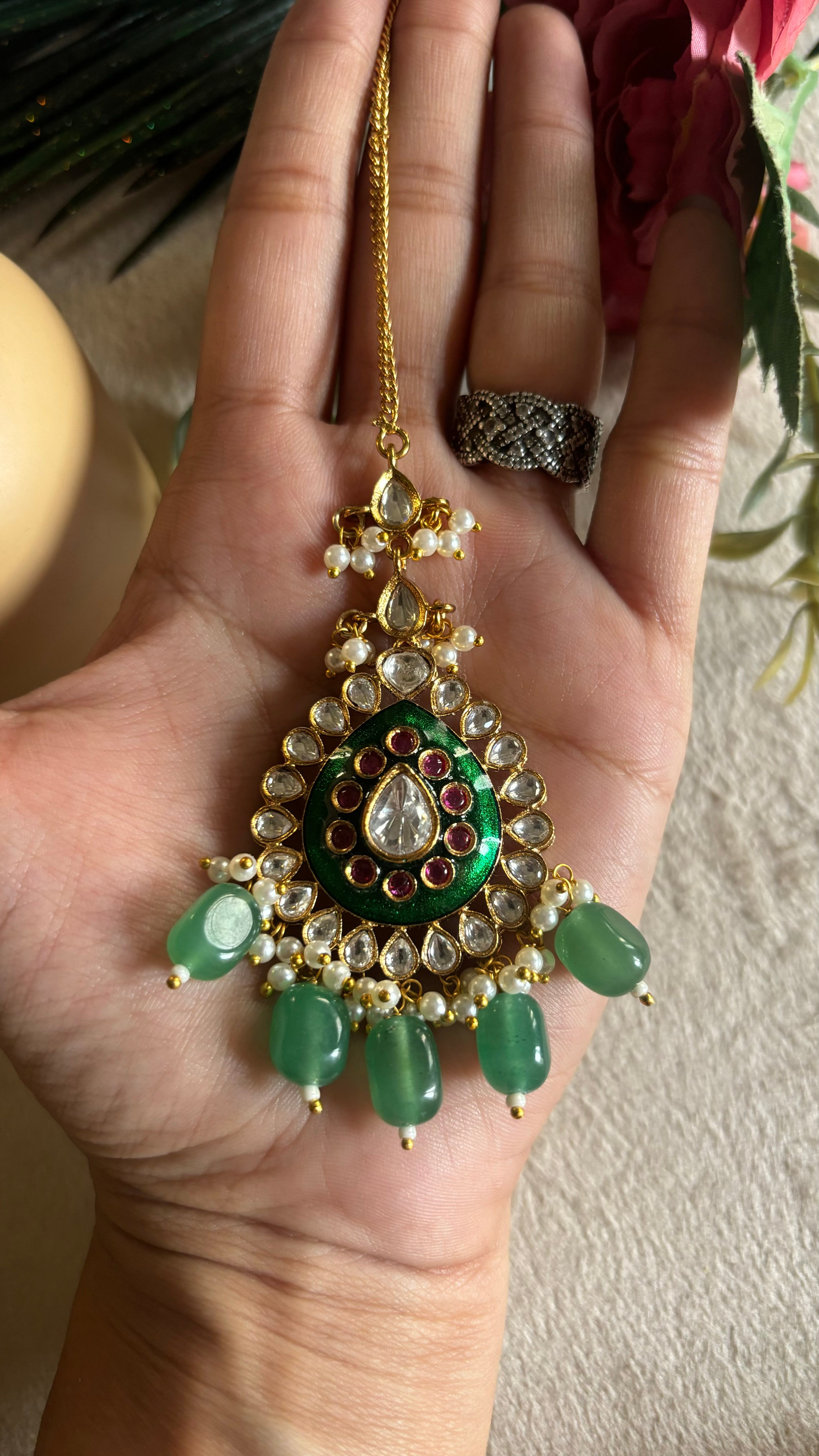 Emerald meenakari mint drop maangtika