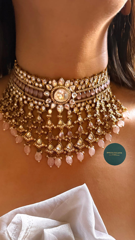 Meera- Rose quartz with sunflower designed moissanite polki & rose quartz drop choker set