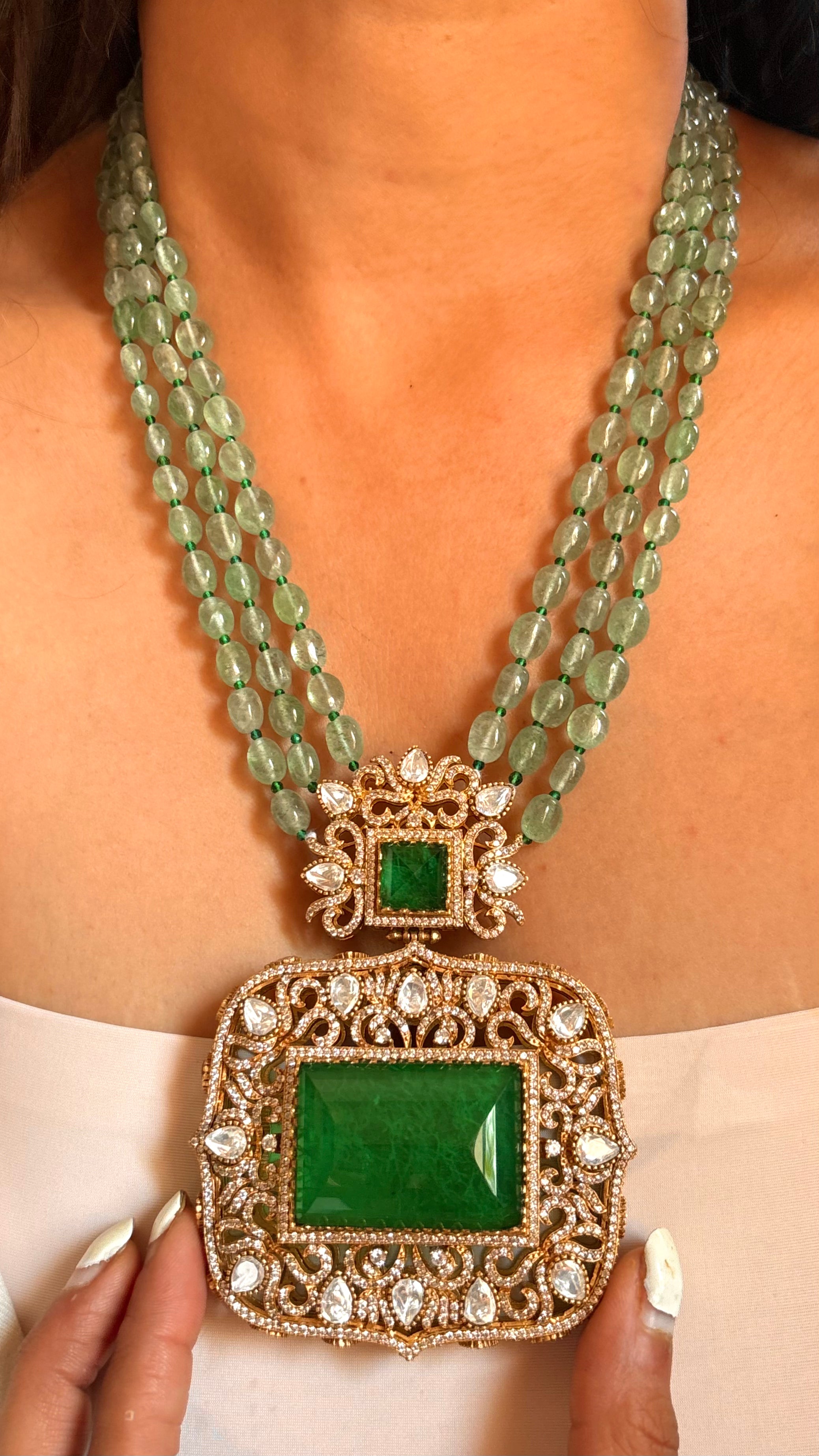 Designer Panda Gold Emerald long necklace set