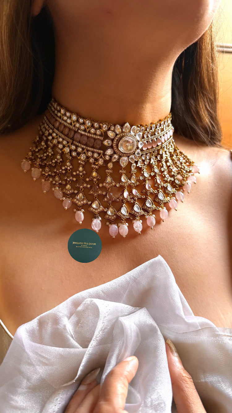 Meera- Rose quartz with sunflower designed moissanite polki & rose quartz drop choker set