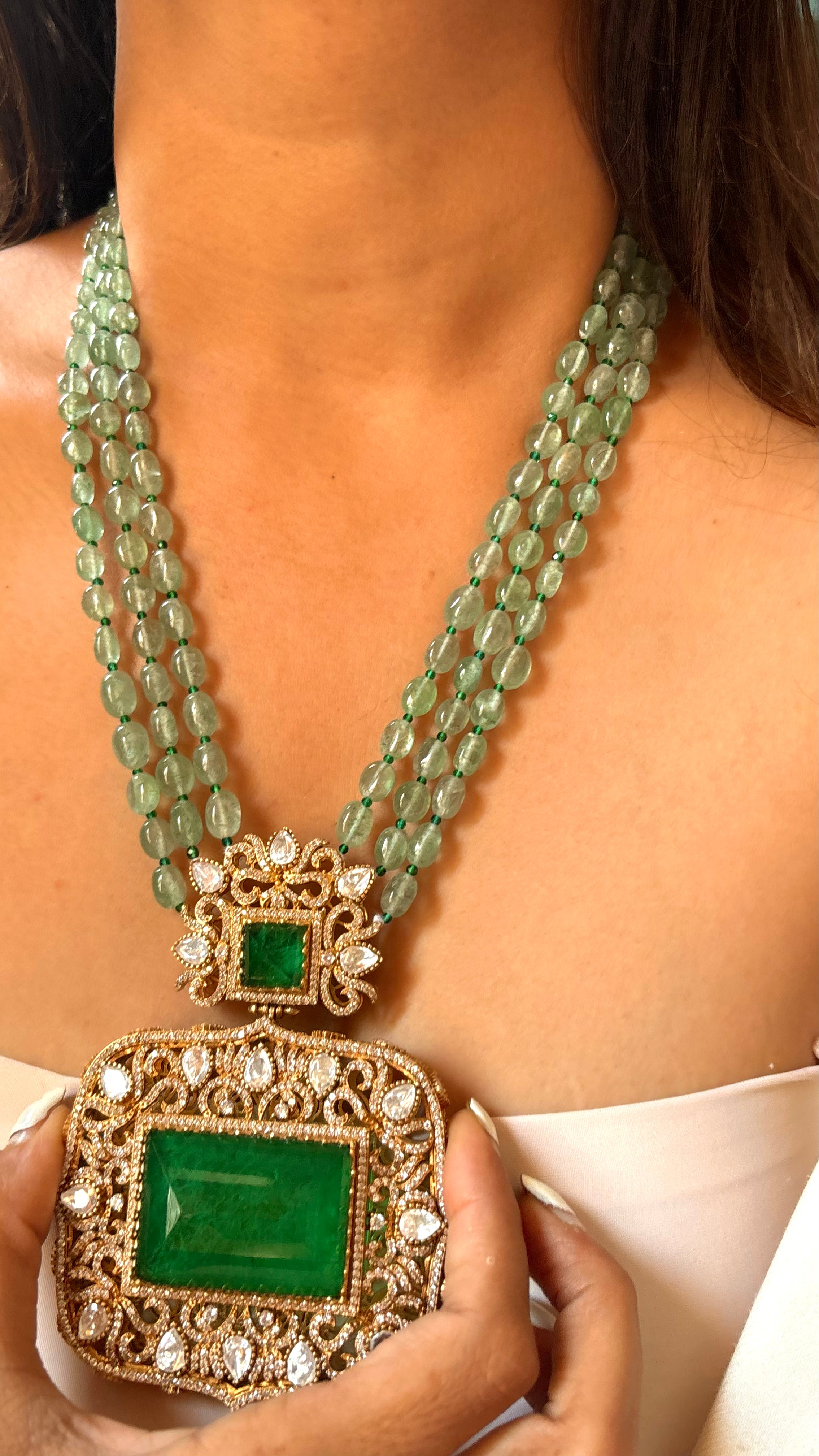 Designer Panda Gold Emerald long necklace set