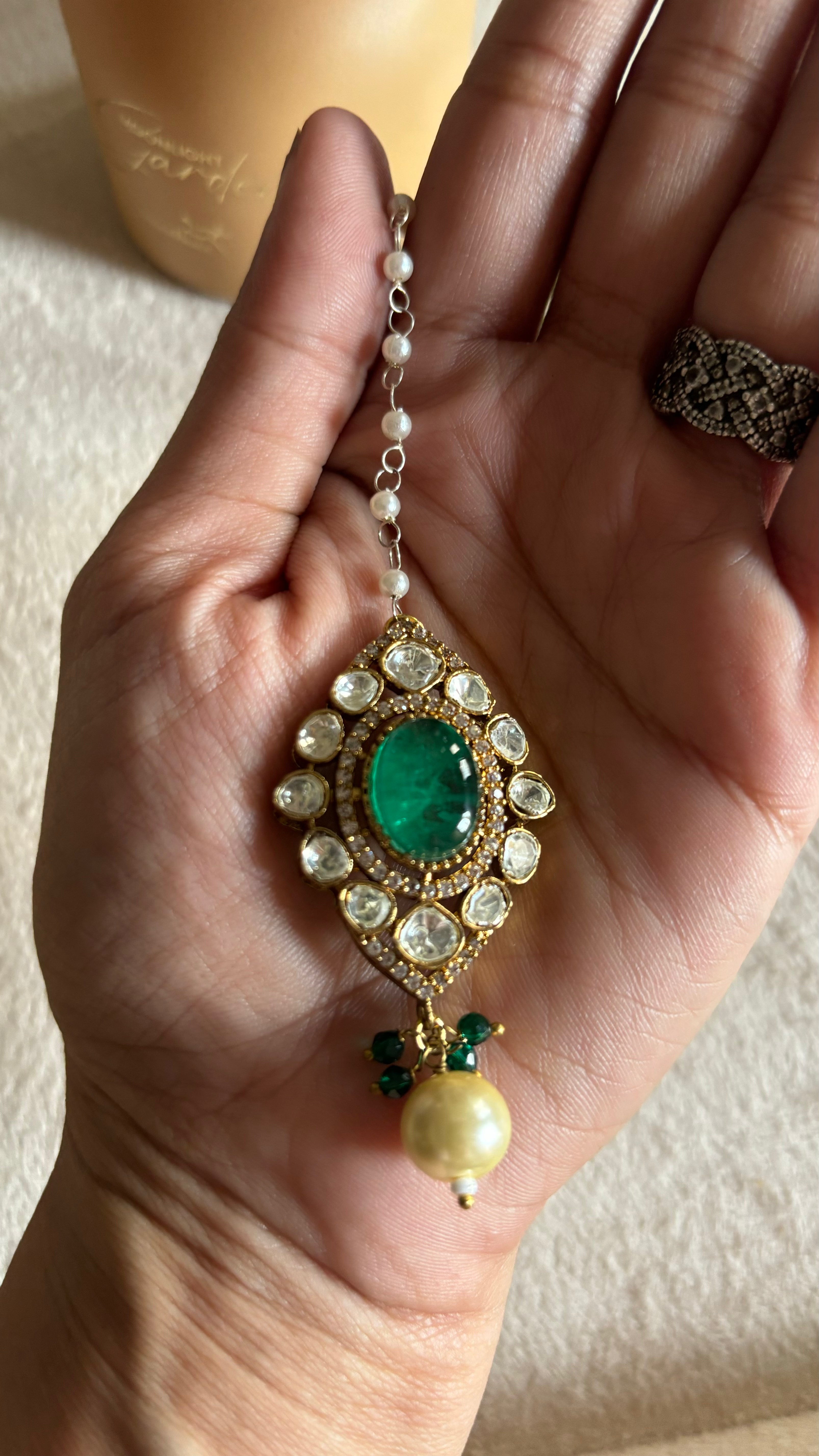 Emerald moissanite victorian maangtika