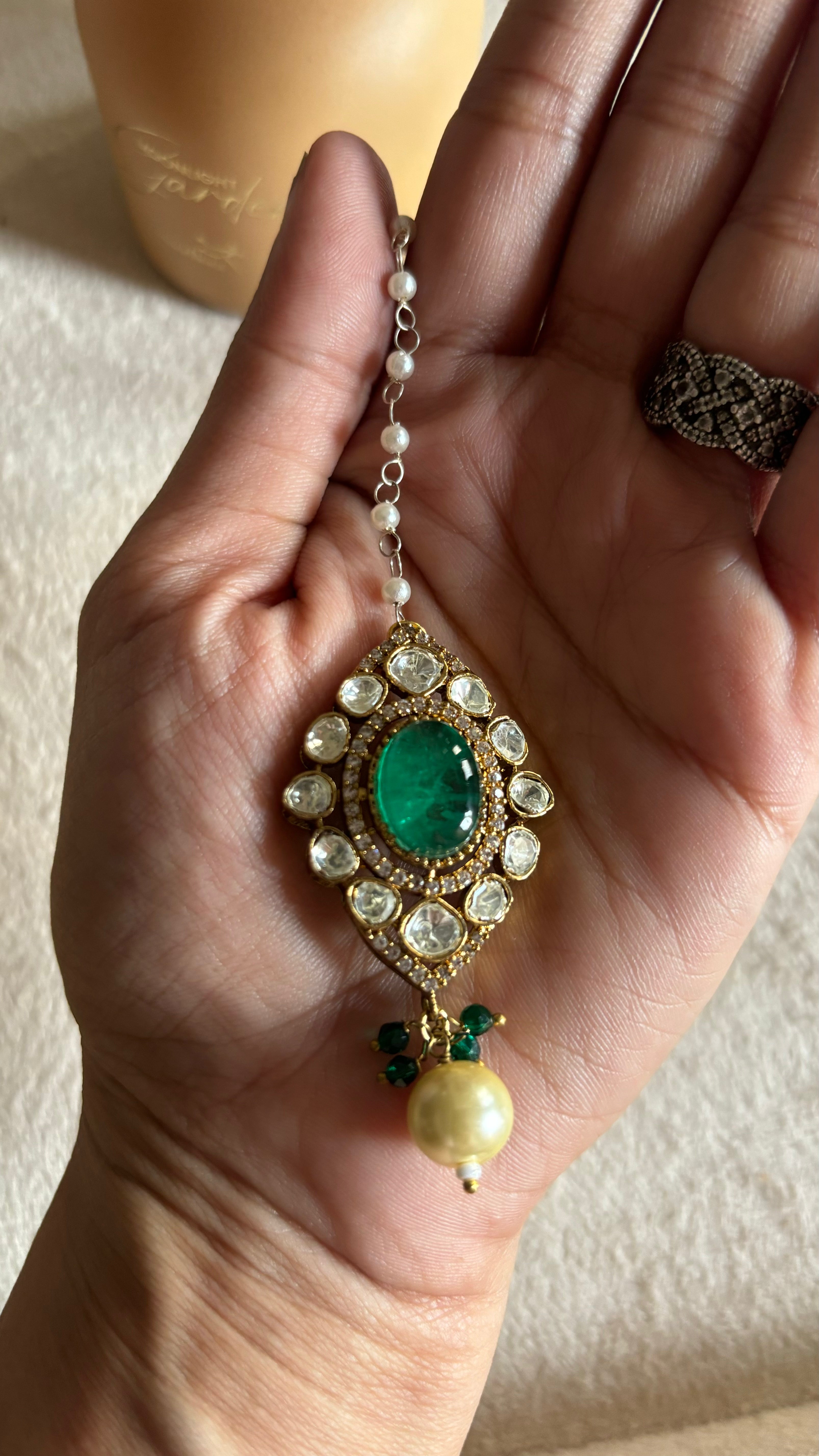 Emerald moissanite victorian maangtika