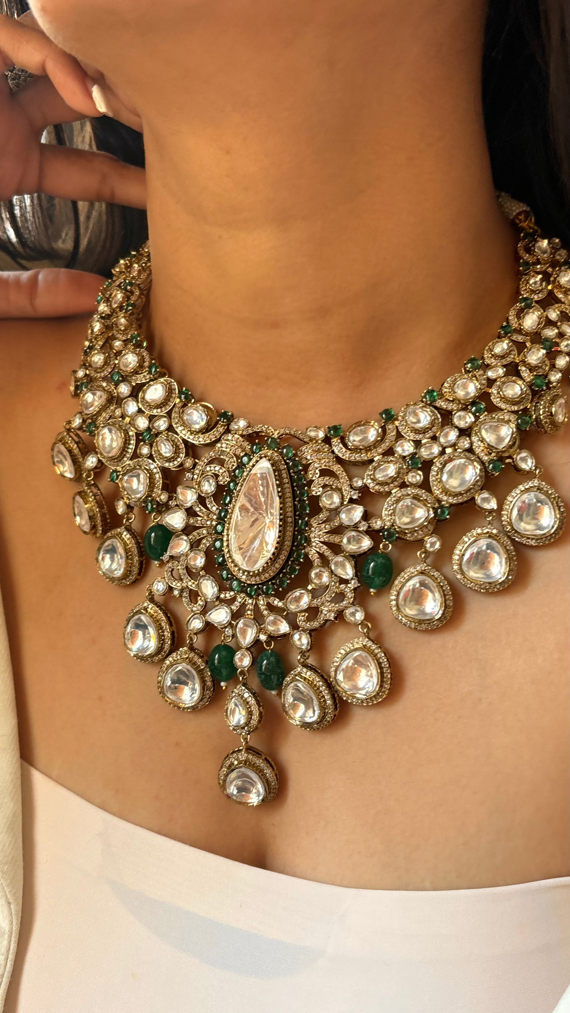 Emerald uncut polki designer cocktail necklace set