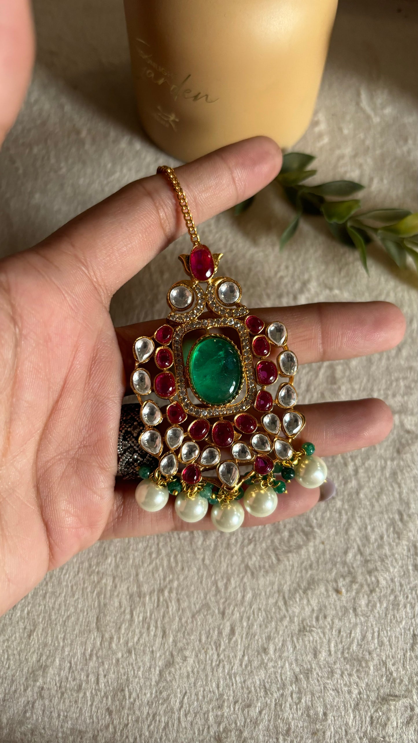 Mint & rani pink maangtika