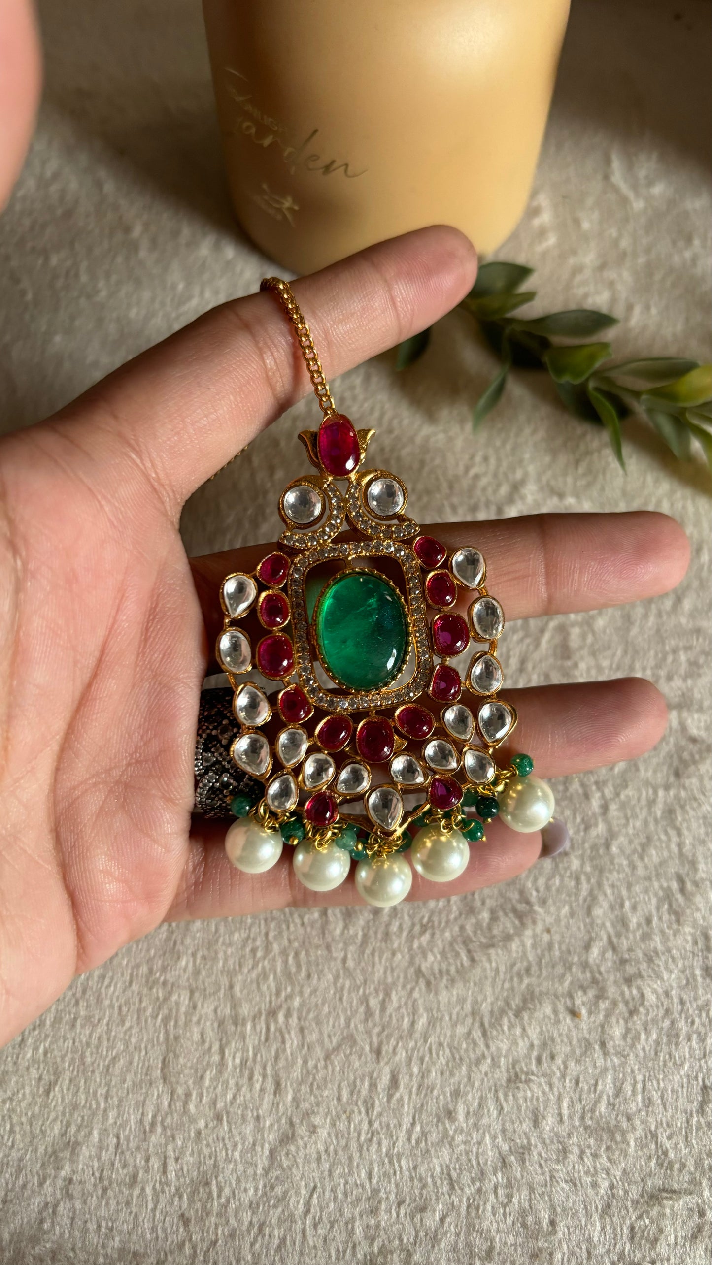 Mint & rani pink maangtika