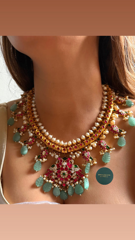 Rani pink & emerald real paachi kundan mango collar set