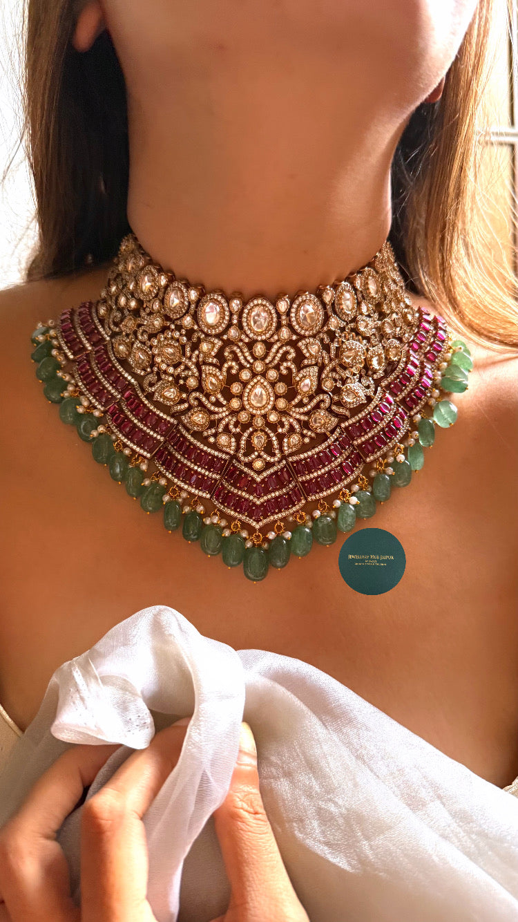 Pratiksha Rani pink moissanite polki with mint drop bridal choker set