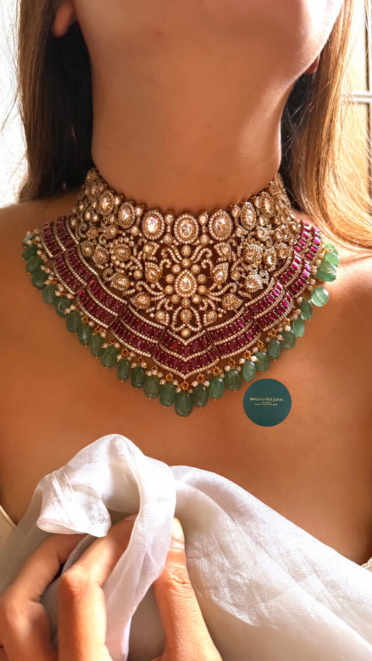 Pratiksha Rani pink moissanite polki with mint drop bridal choker set