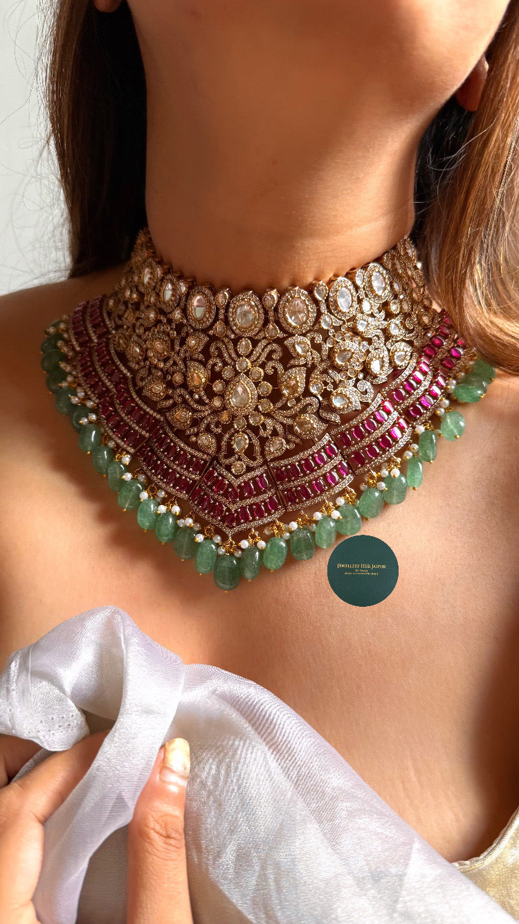 Pratiksha Rani pink moissanite polki with mint drop bridal choker set