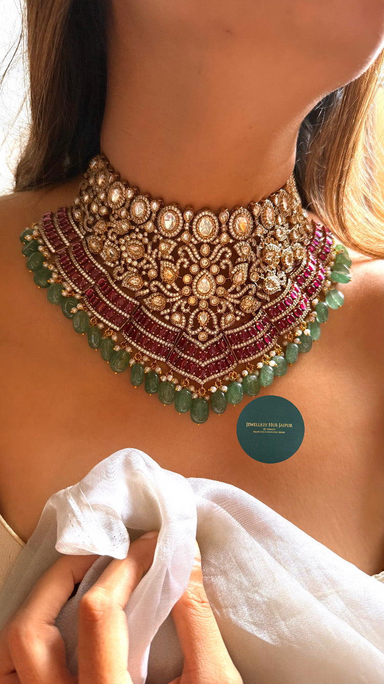 Pratiksha Rani pink moissanite polki with mint drop bridal choker set