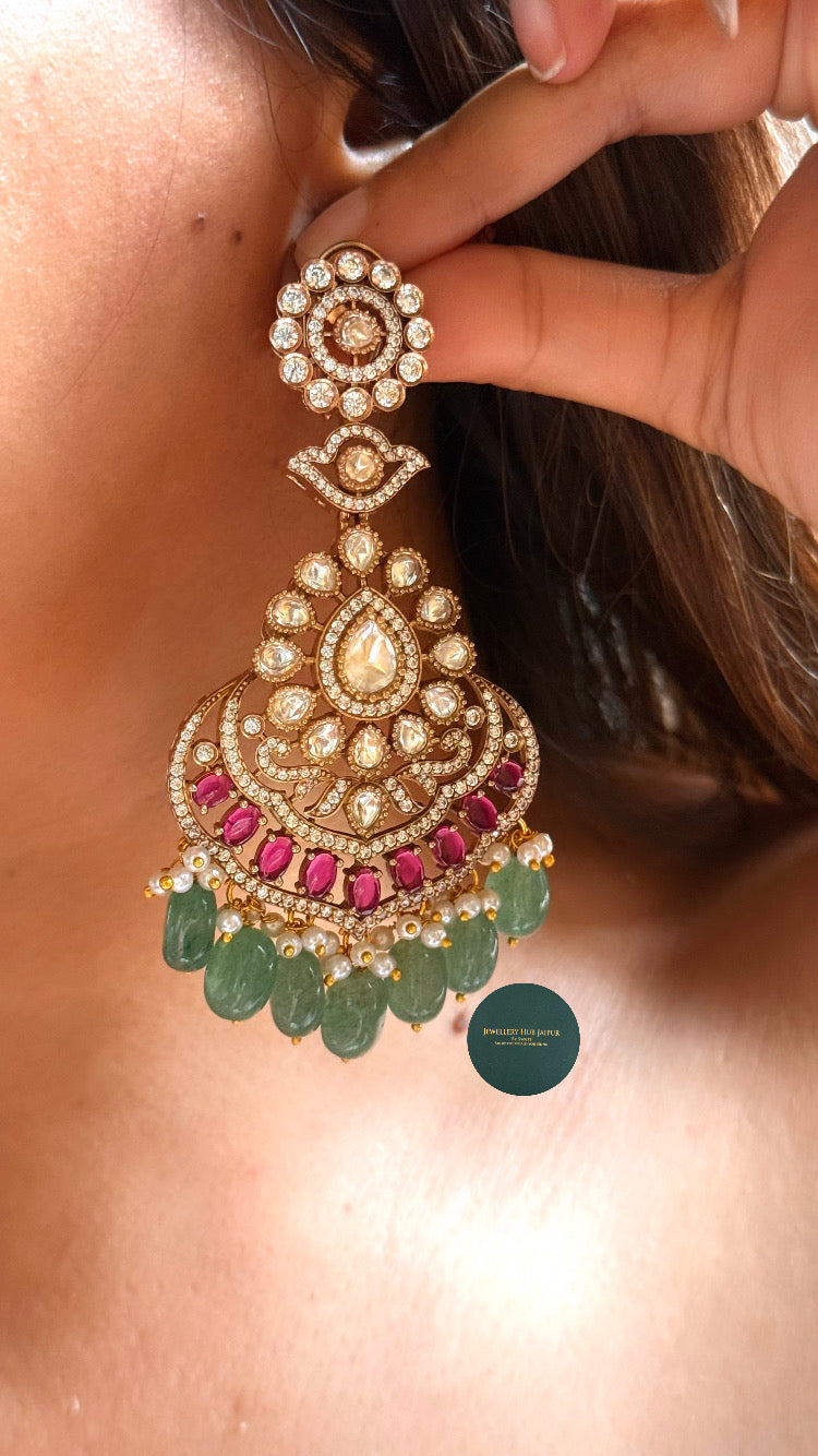 Pratiksha Rani pink moissanite polki with mint drop bridal choker set