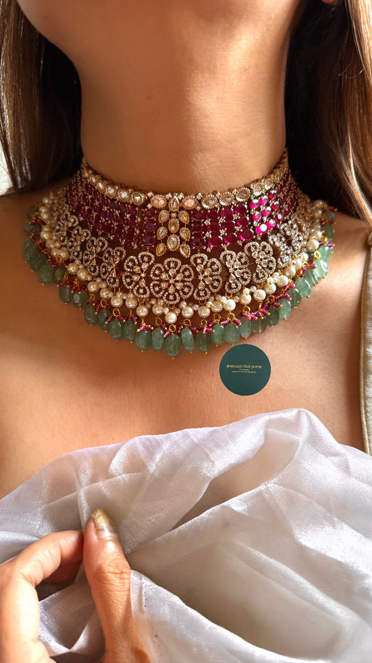 Rani pink doublet moissanite polki with pearl & mint drop choker set