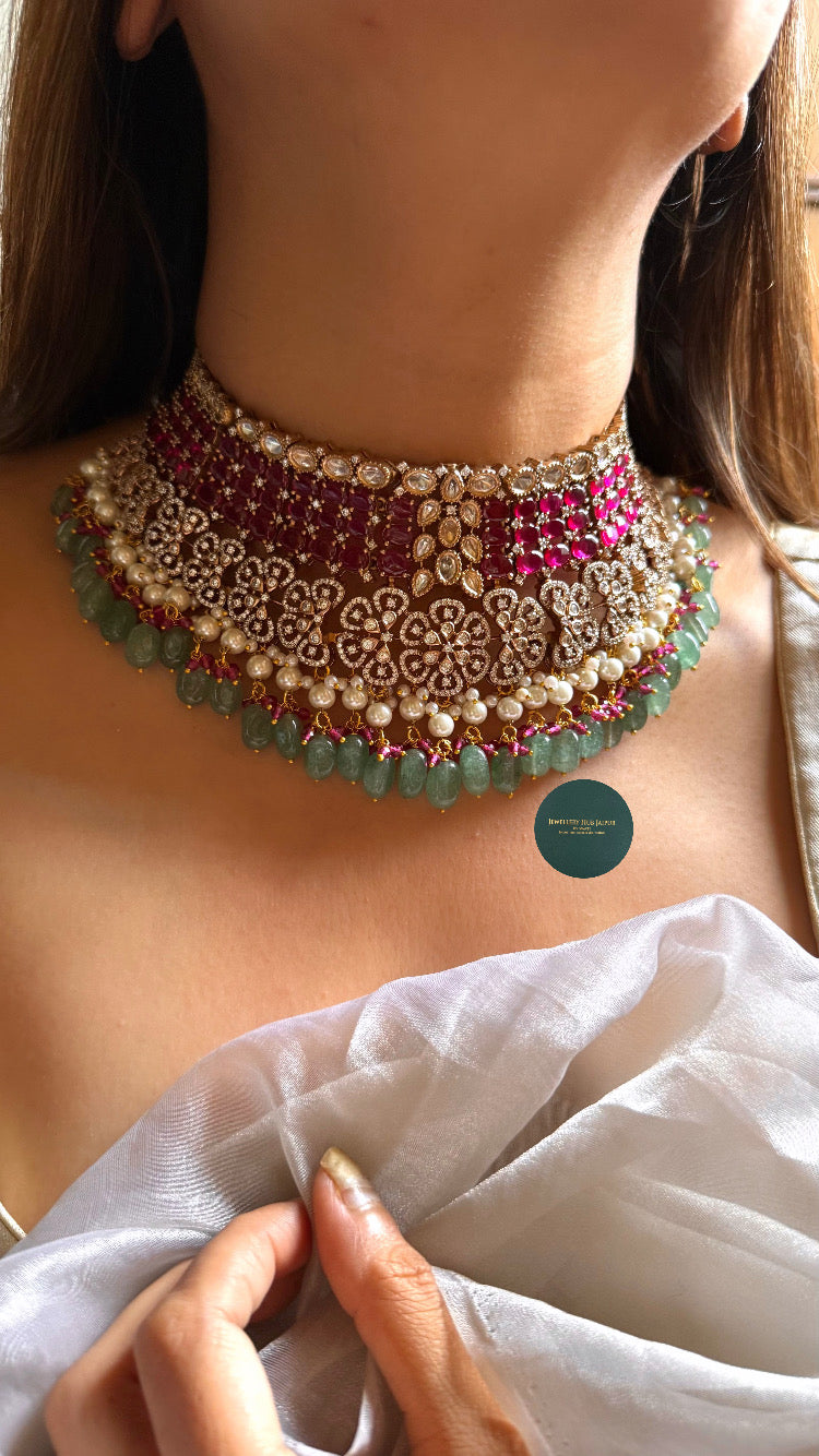 Rani pink doublet moissanite polki with pearl & mint drop choker set