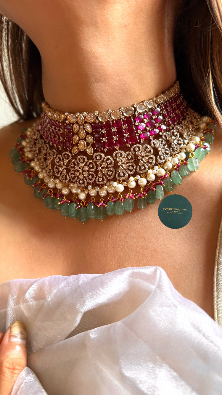 Rani pink doublet moissanite polki with pearl & mint drop choker set