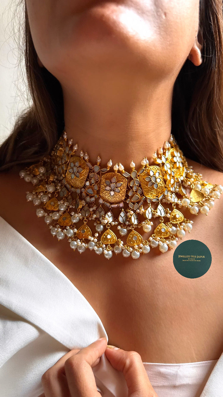 Heritage Mother of pearl floral with pearl drops choker set