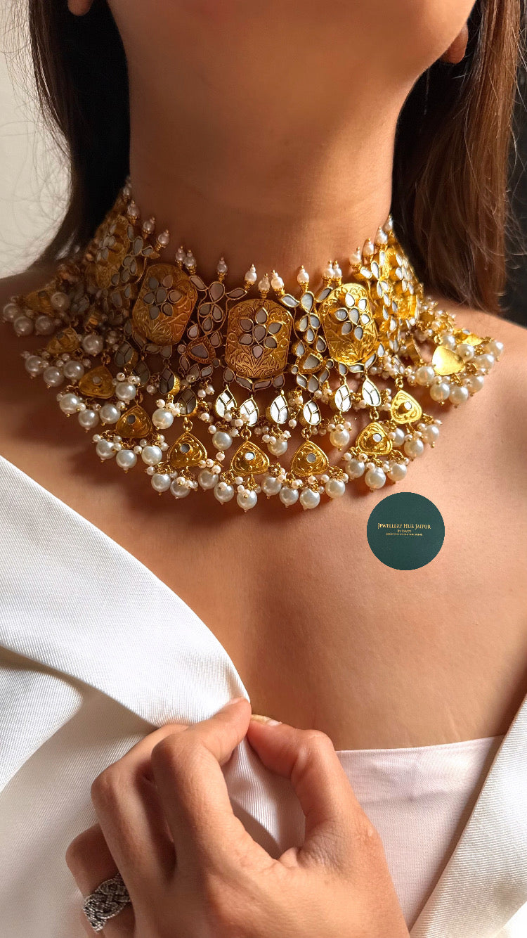 Heritage Mother of pearl floral with pearl drops choker set