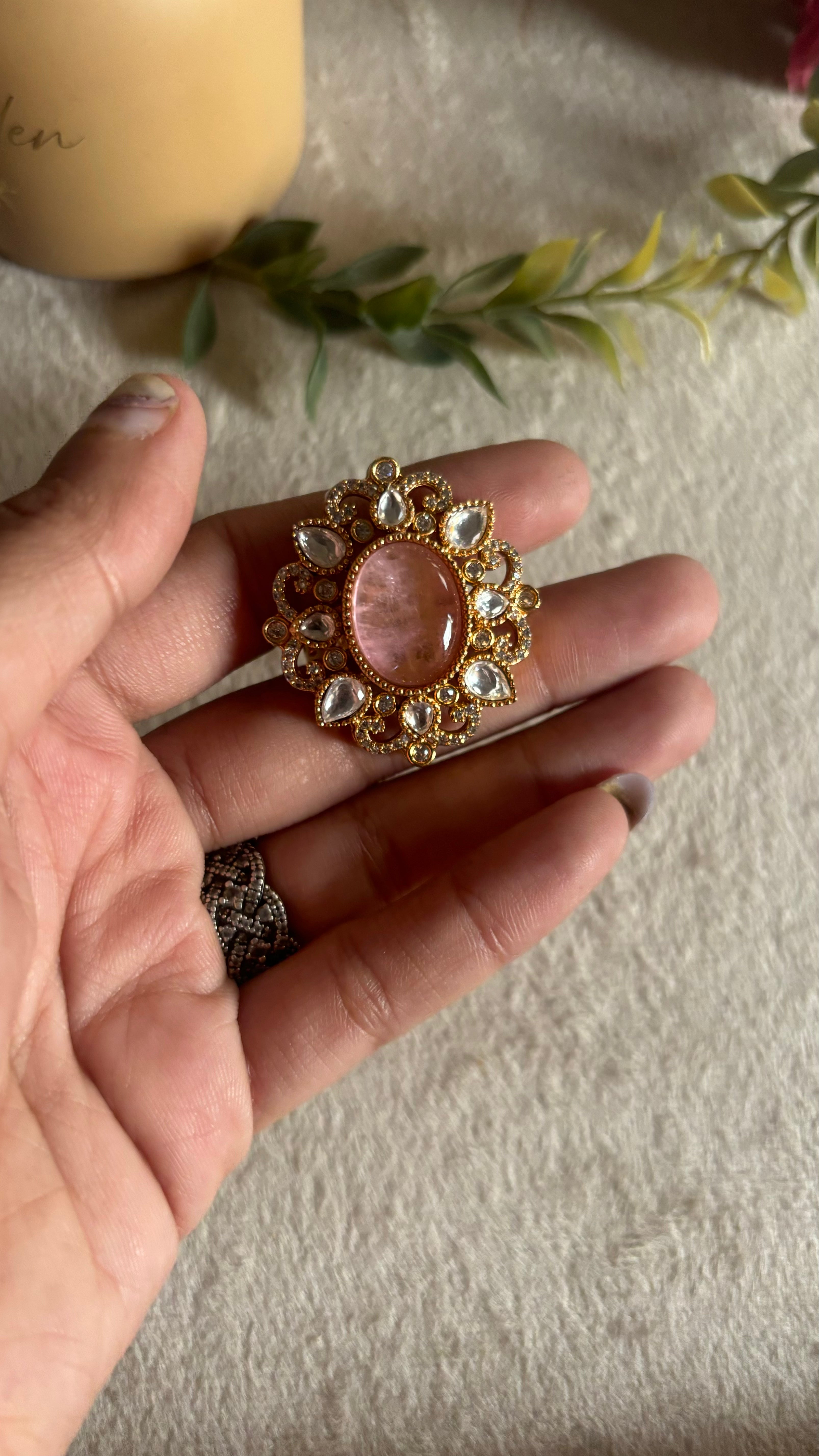 Rose quartz moissanite ring