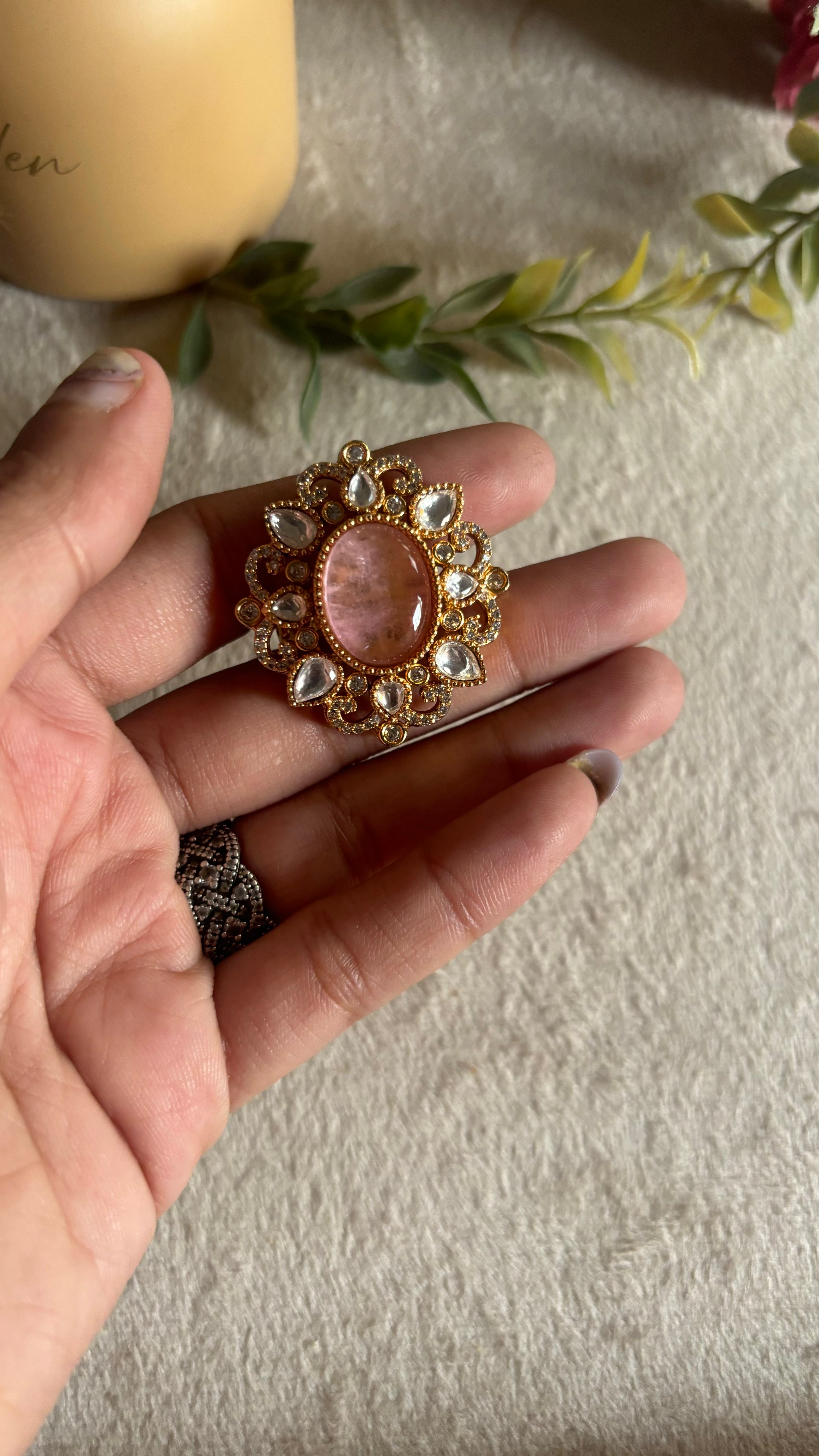 Rose quartz moissanite ring