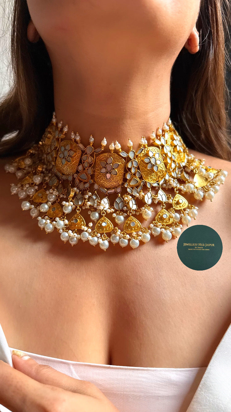 Heritage Mother of pearl floral with pearl drops choker set