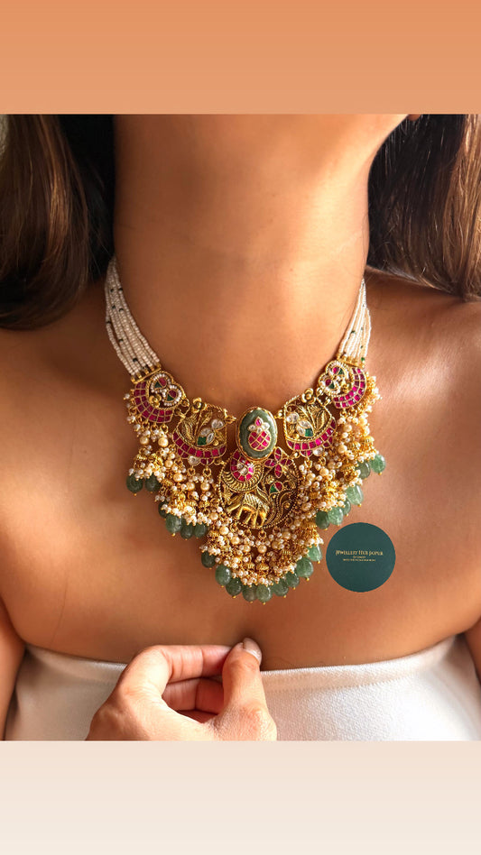 Chitrakatha Mint with rani pink kalash inlay rajwada collar set