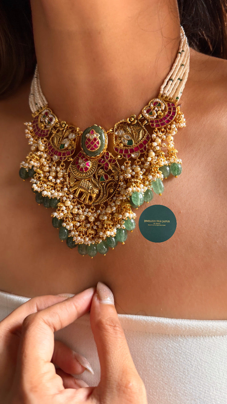 Chitrakatha Mint with rani pink kalash inlay rajwada collar set